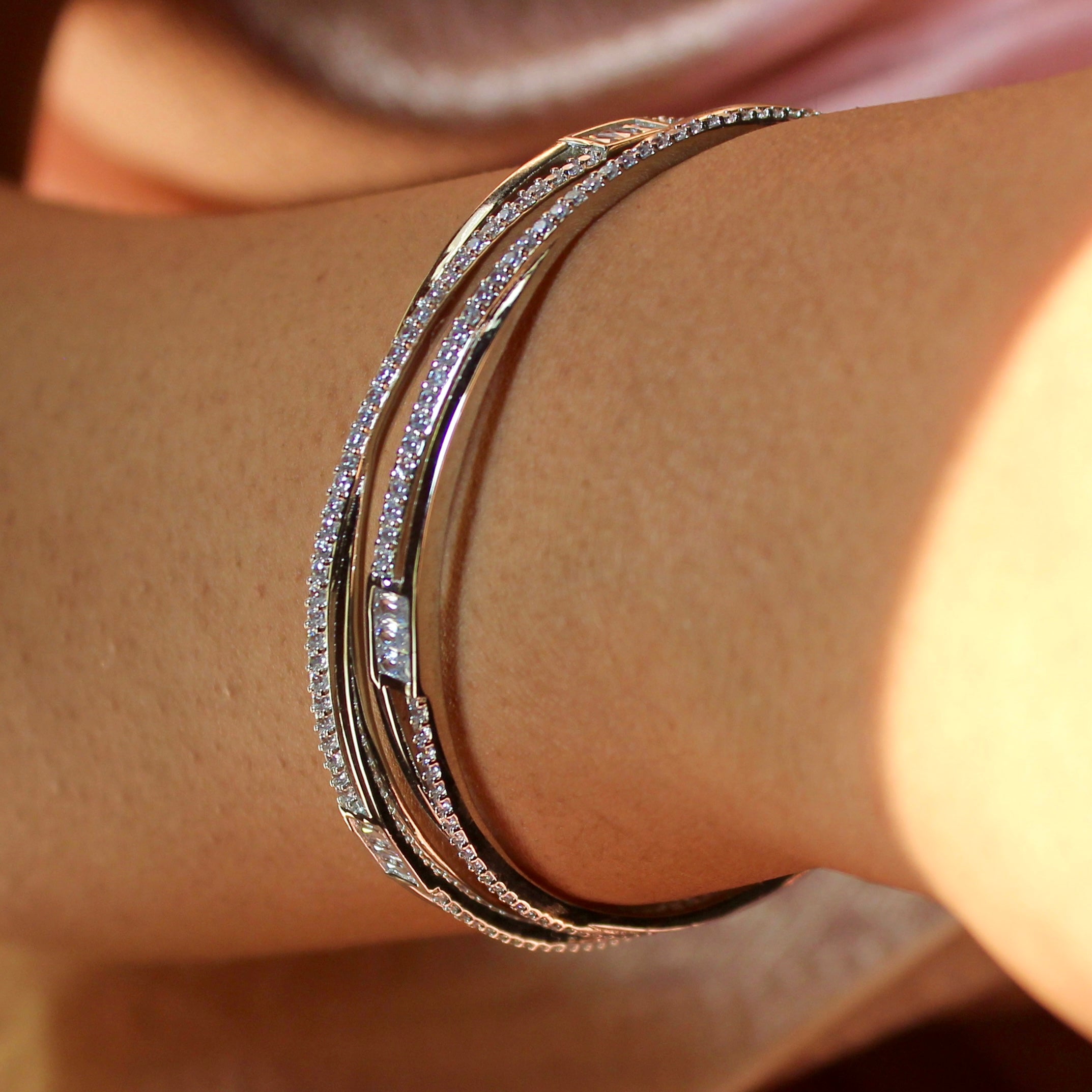 Zircon Stones Twisted Lines Pure Silver Bangles- Pair