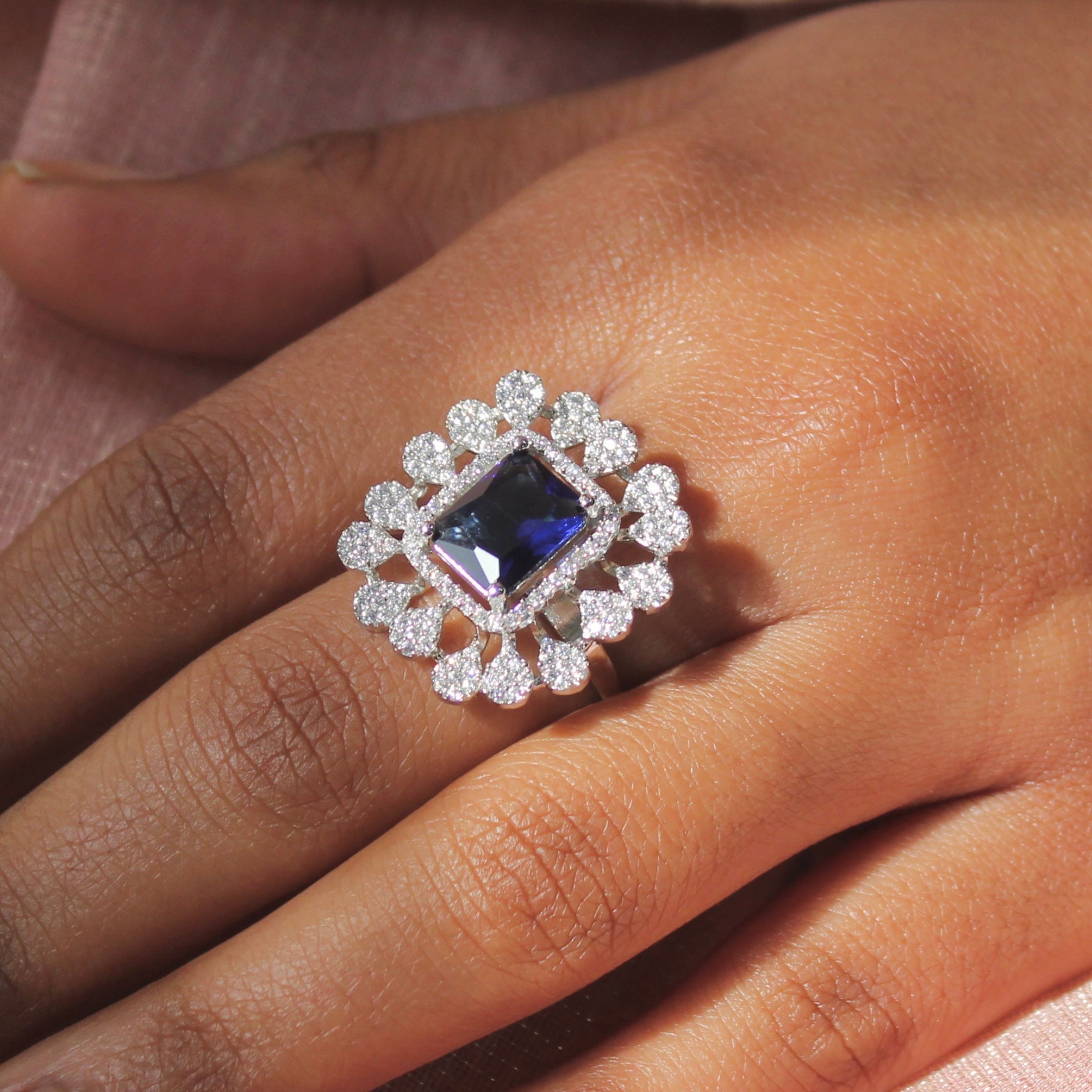 Sapphire Big Stone with Zircon Stones Pure Silver Party Ring