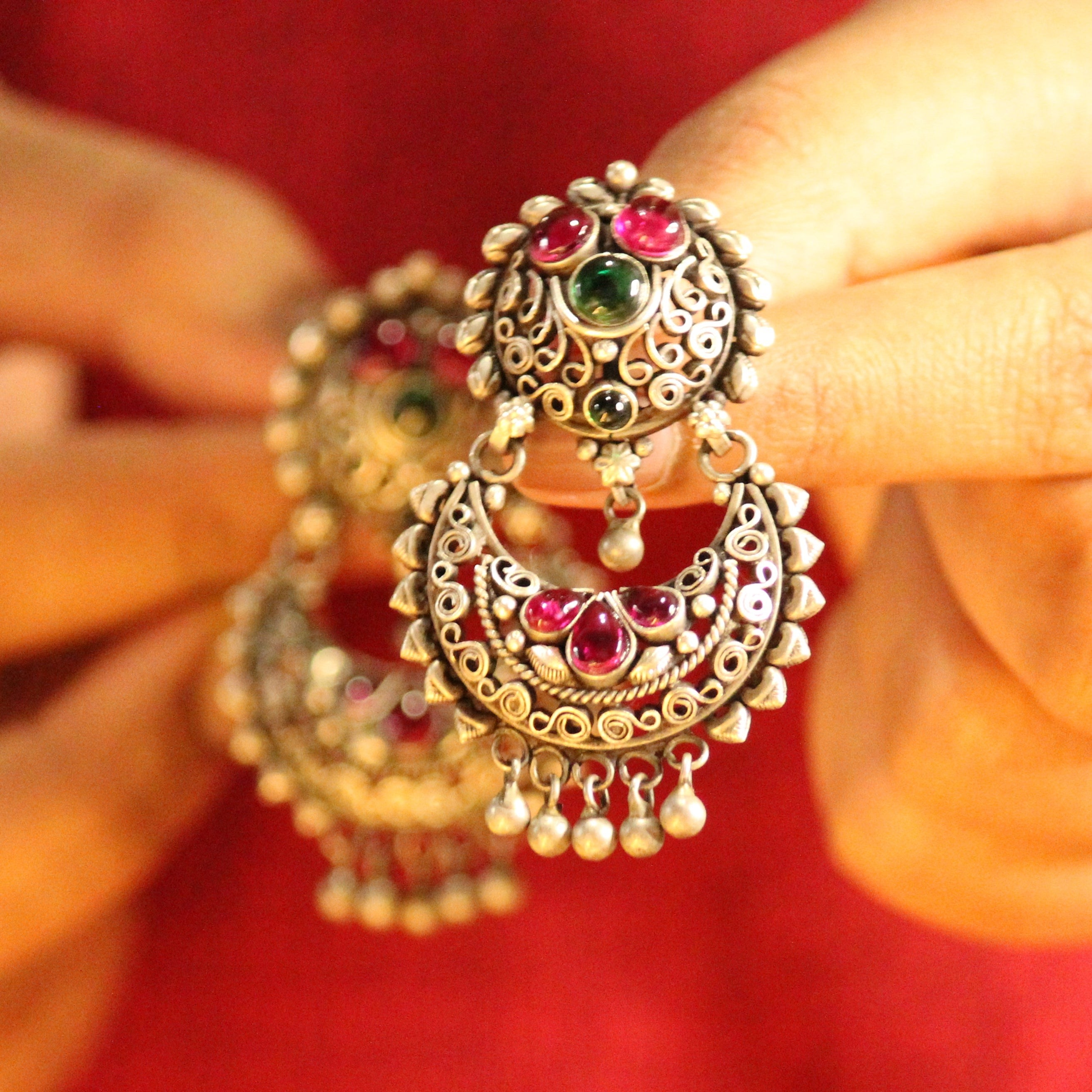 Green And Multiple Red Stones Drop 925 oxidised silver Chandbaliyan