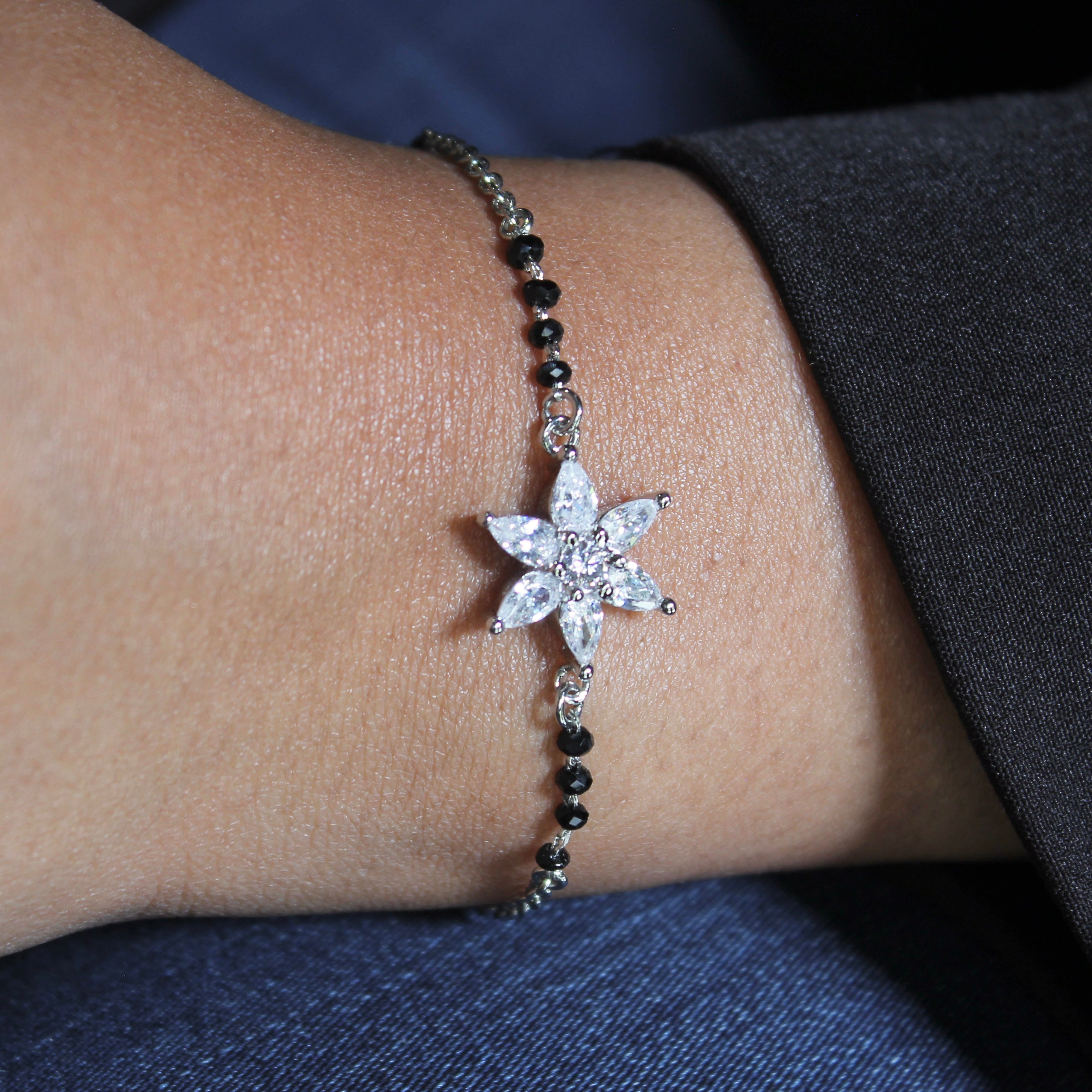 Flower Zircon Stones Pure Silver Mangalsutra Bracelet