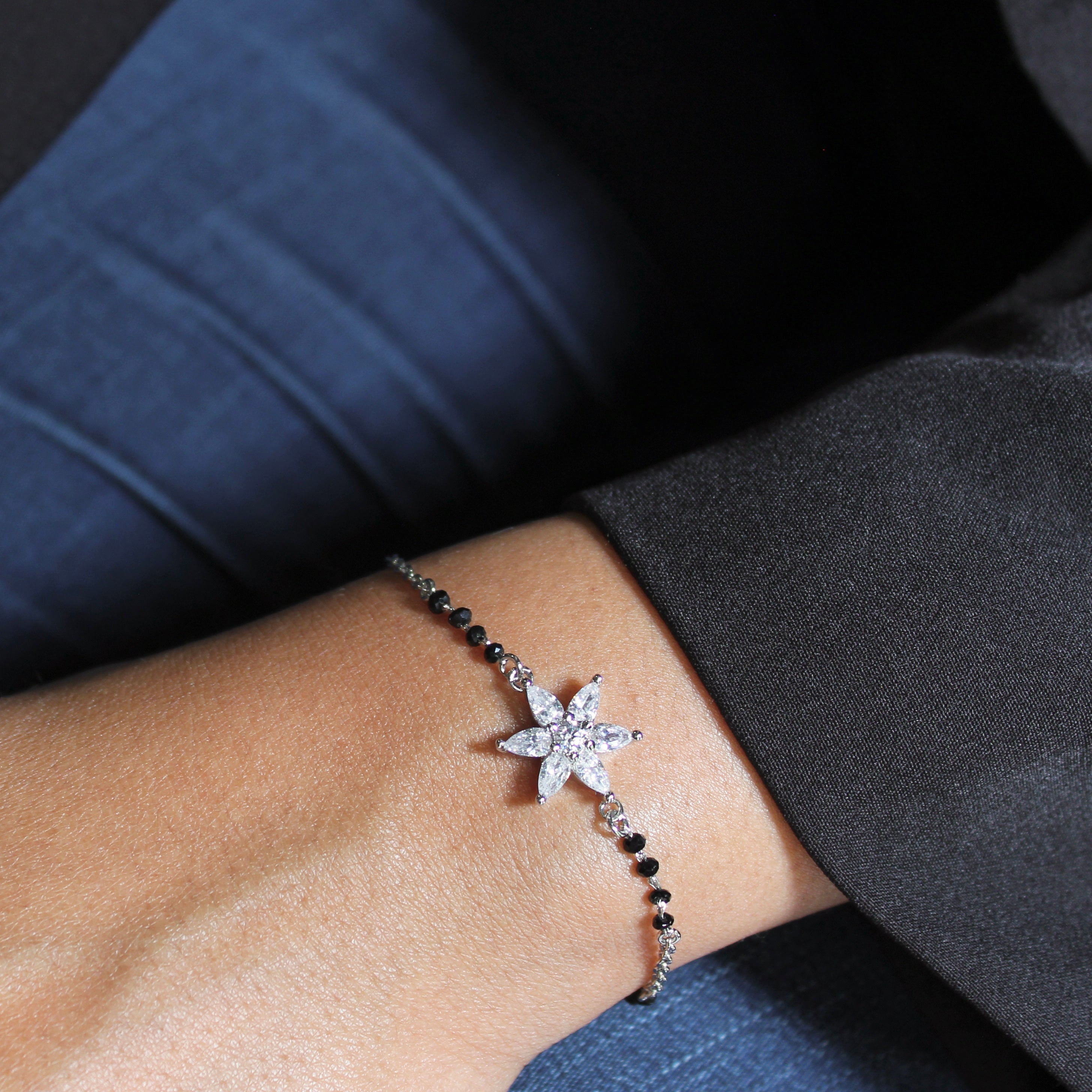 Flower Zircon Stones Pure Silver Mangalsutra Bracelet