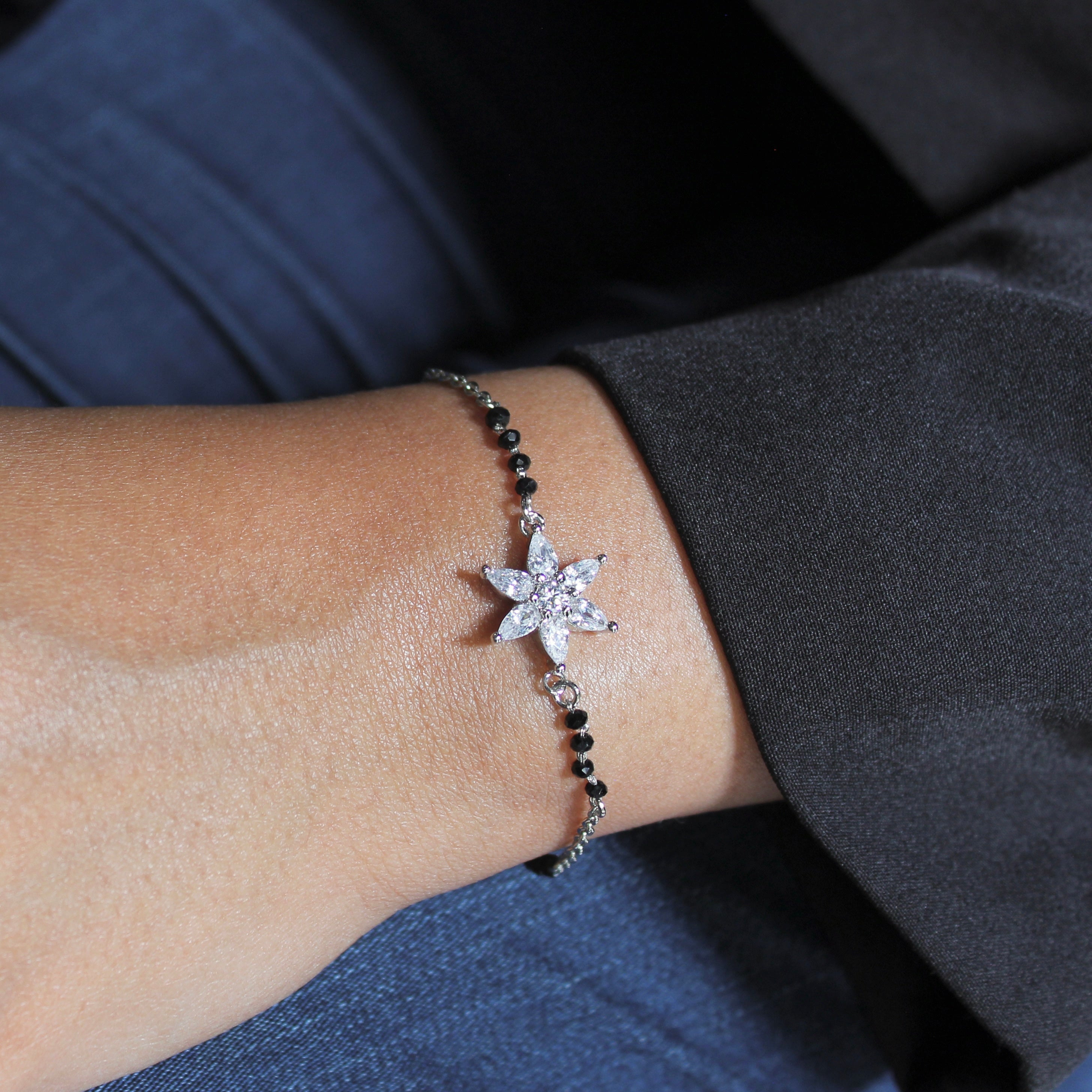 Flower Zircon Stones Pure Silver Mangalsutra Bracelet