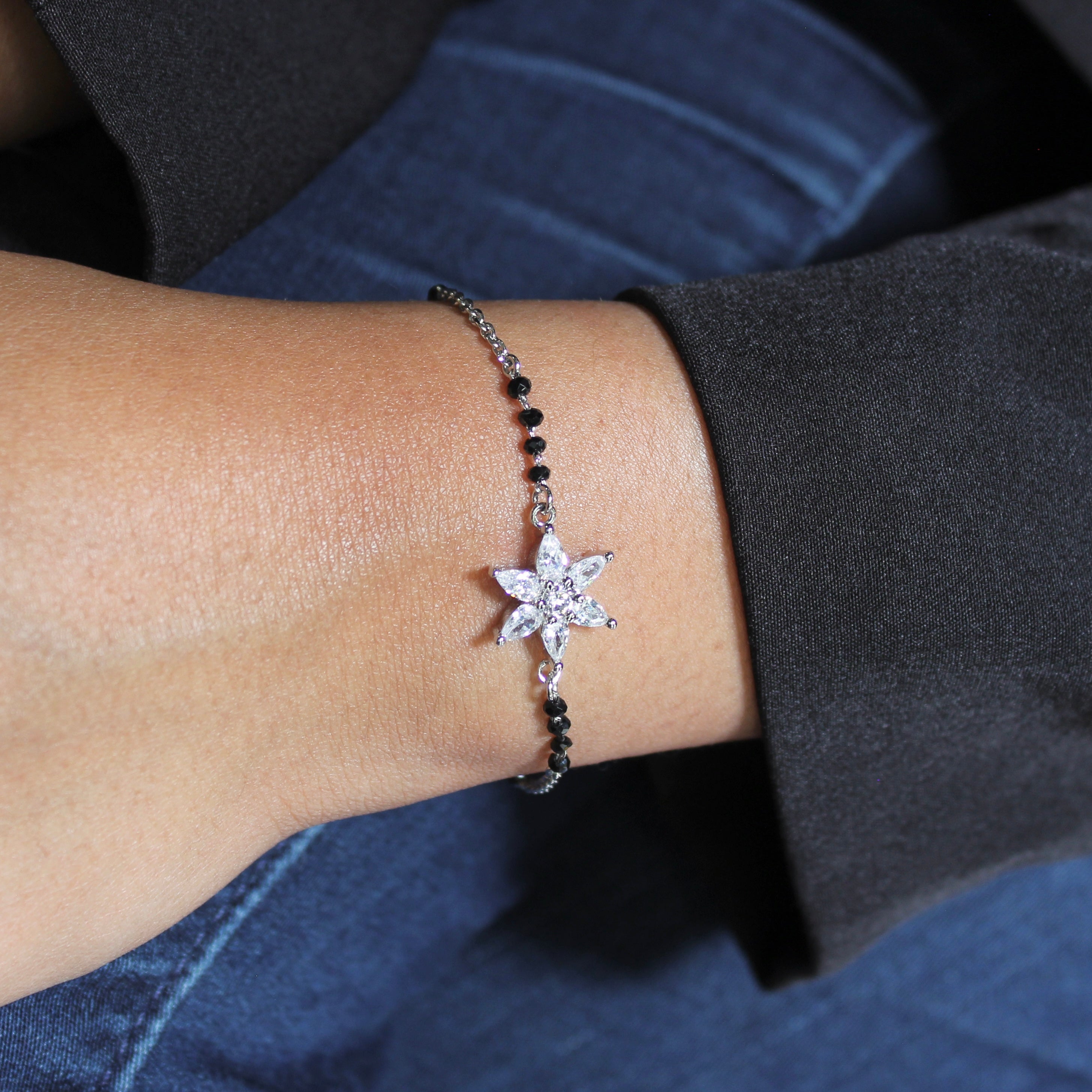 Flower Zircon Stones Pure Silver Mangalsutra Bracelet