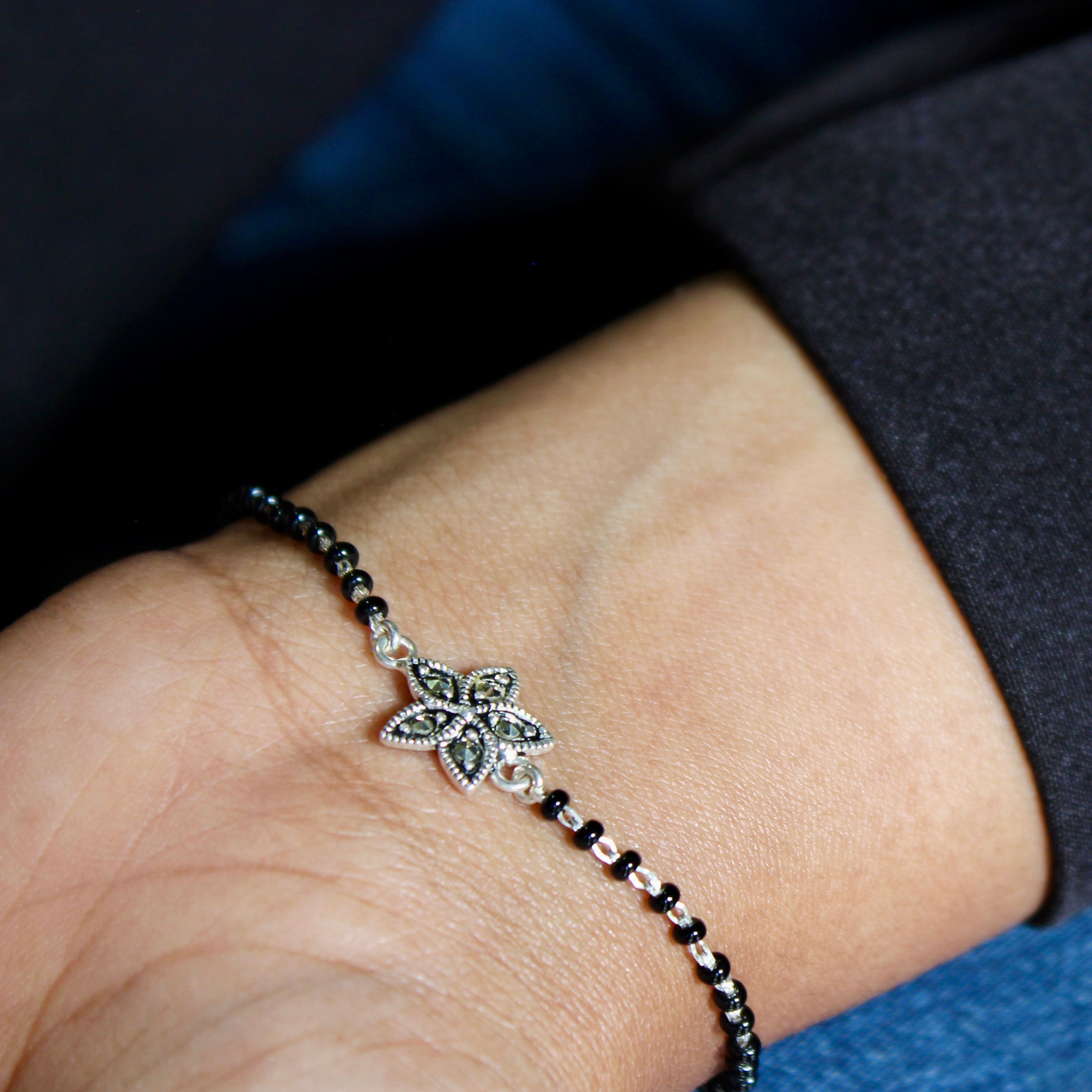 Petals Oxidised Charm Pure Silver Mangalsutra Bracelet