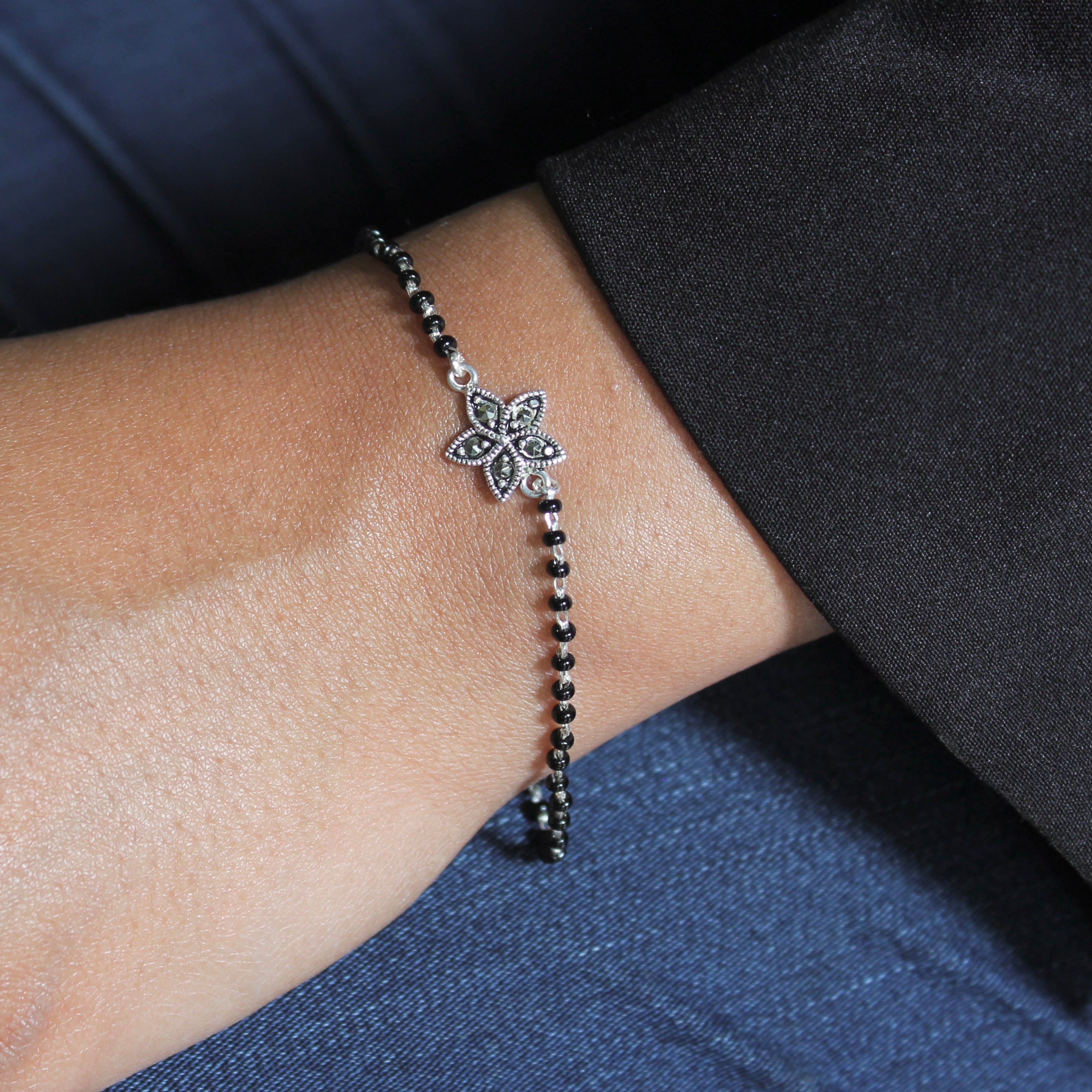 Petals Oxidised Charm Pure Silver Mangalsutra Bracelet