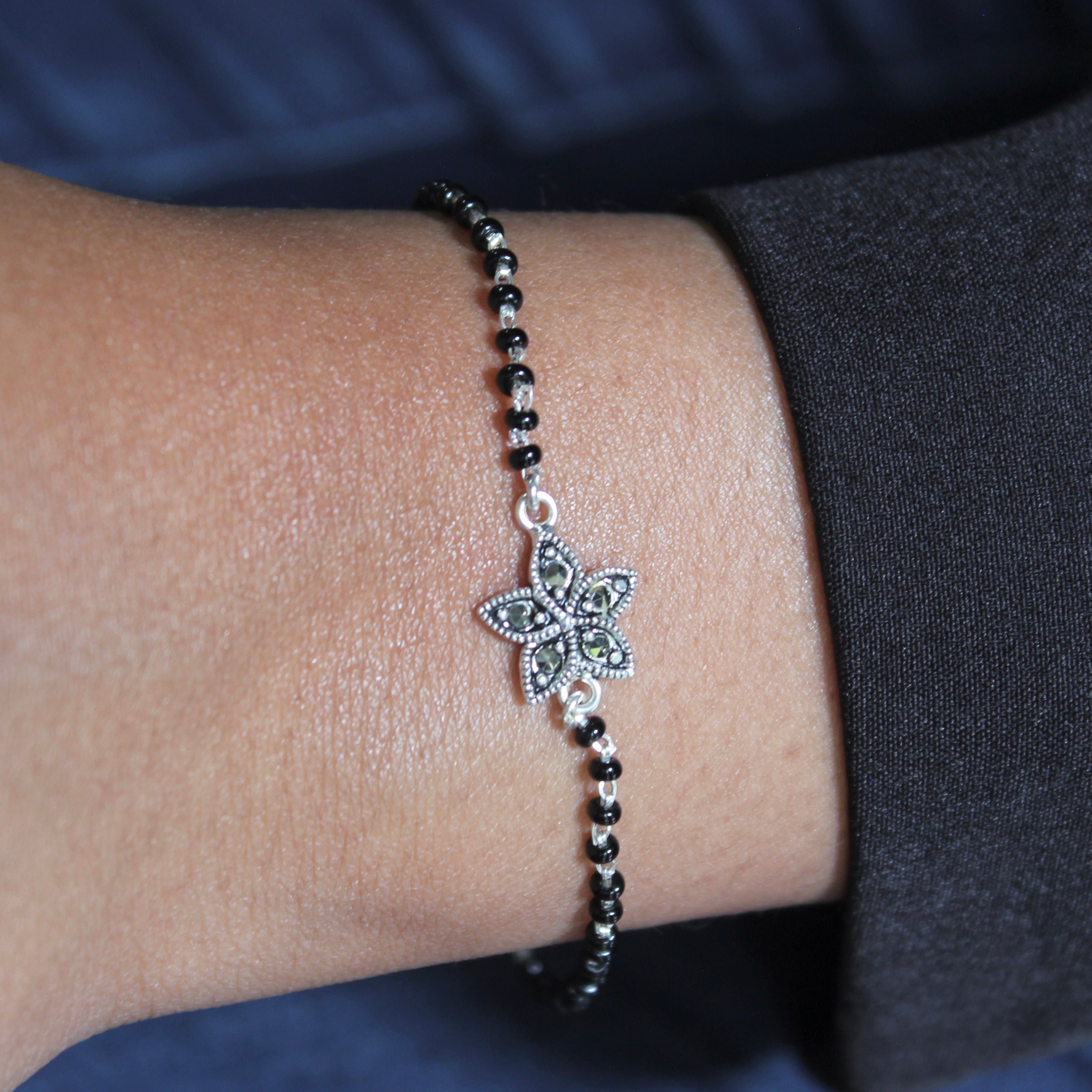 Petals Oxidised Charm Pure Silver Mangalsutra Bracelet