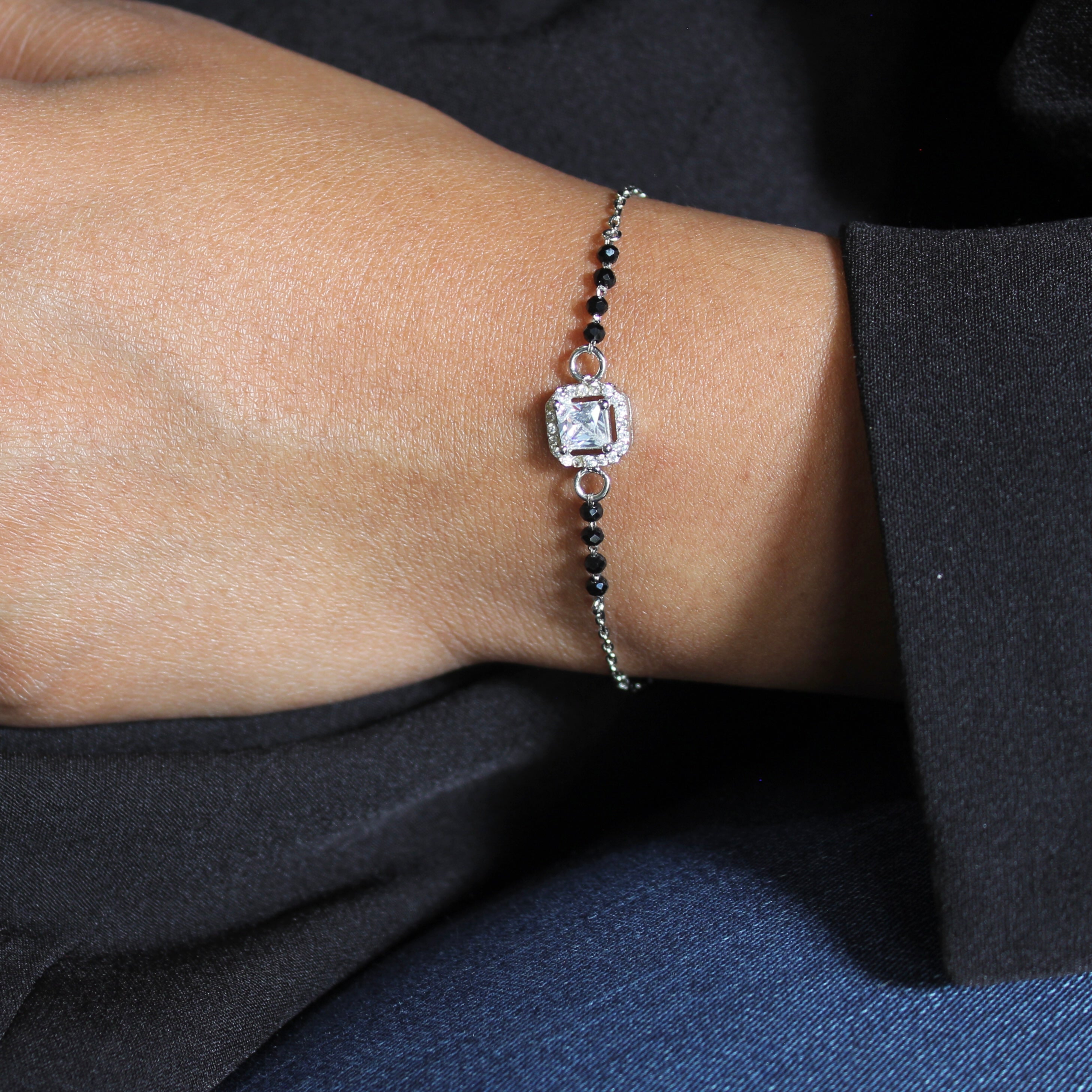 Cube Zircon Stone Pure Silver Mangalsutra Bracelet