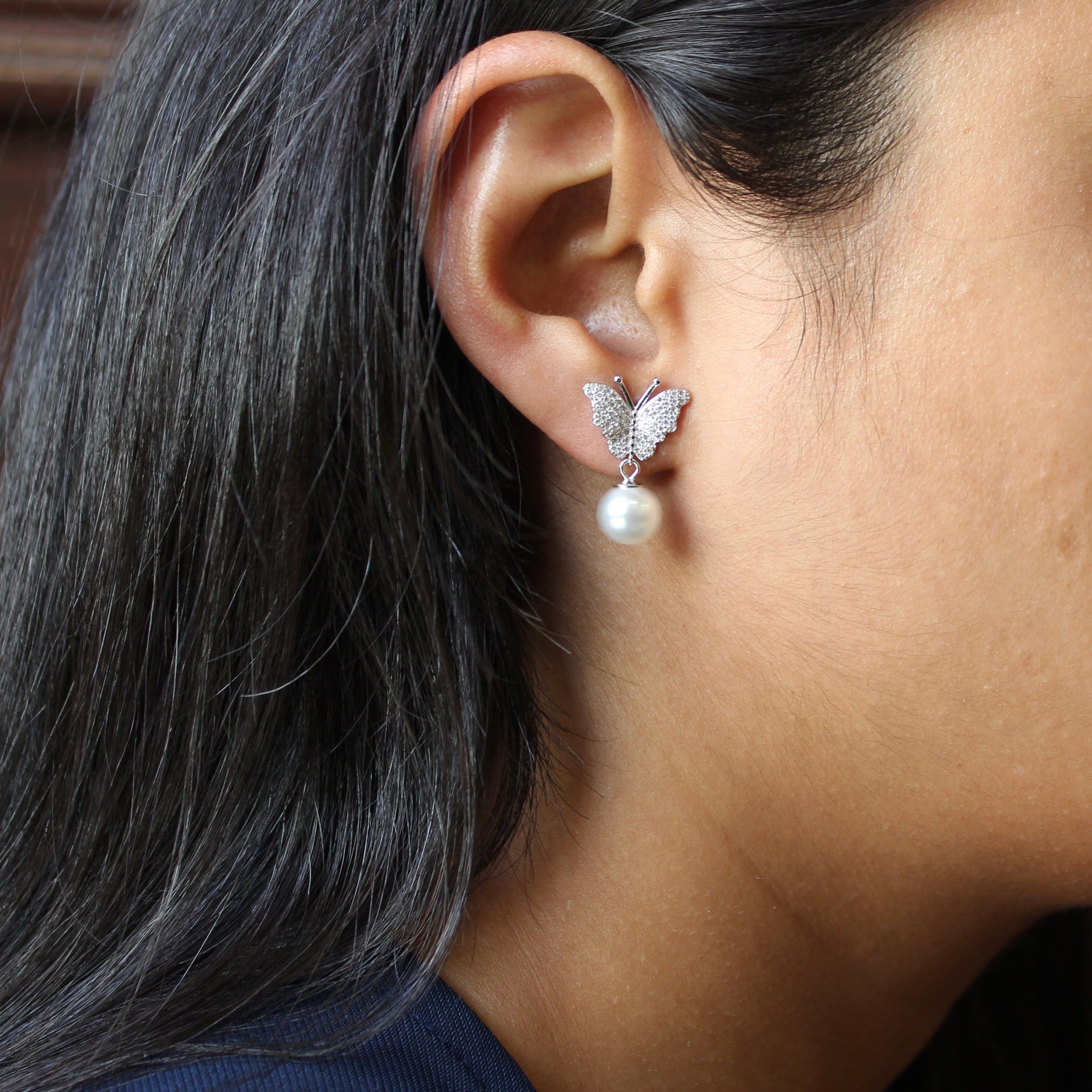 Butterfly With Drop Pearl Zircon Stones Hanging Earrings in 925 Silver
