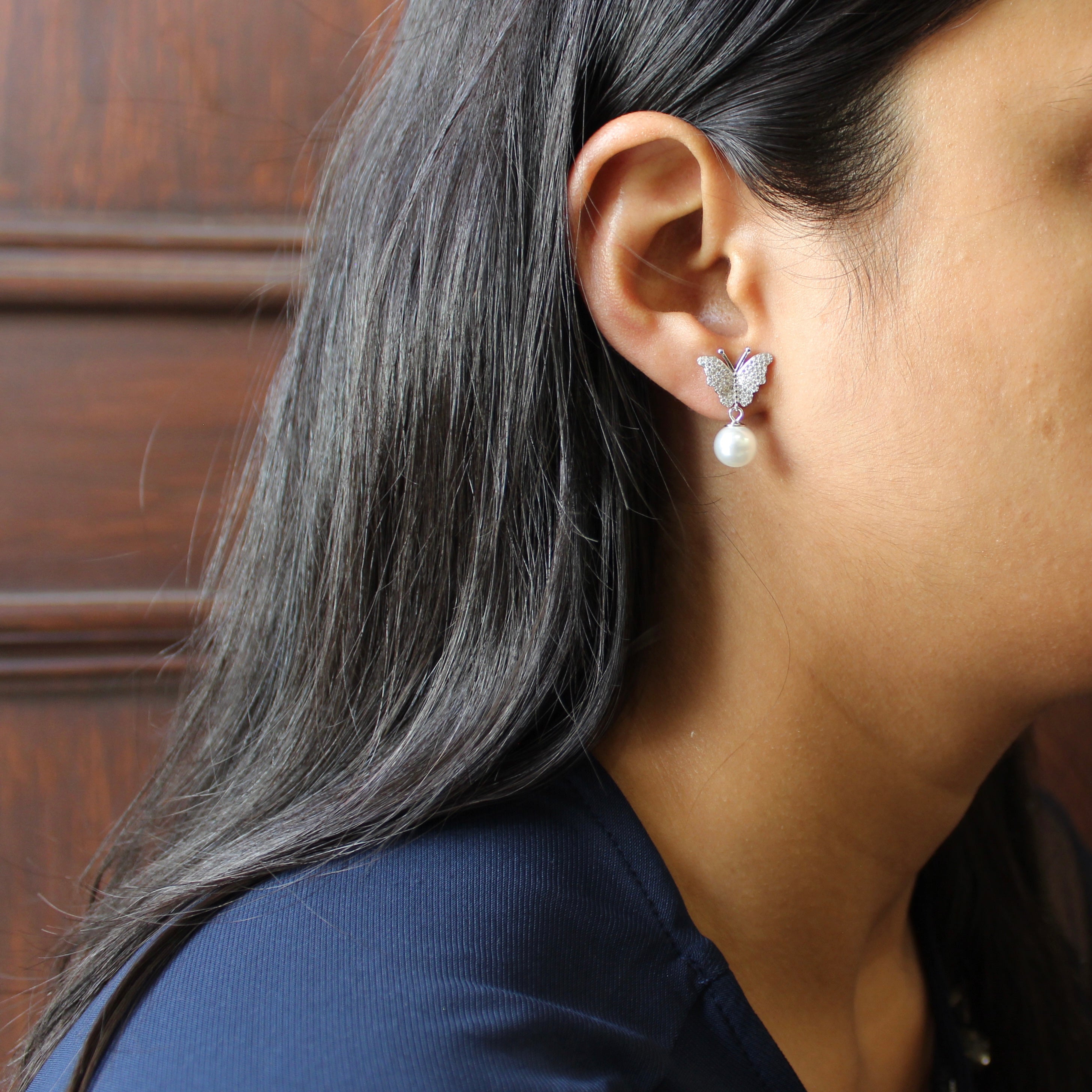 Butterfly With Drop Pearl Zircon Stones Hanging Earrings in 925 Silver