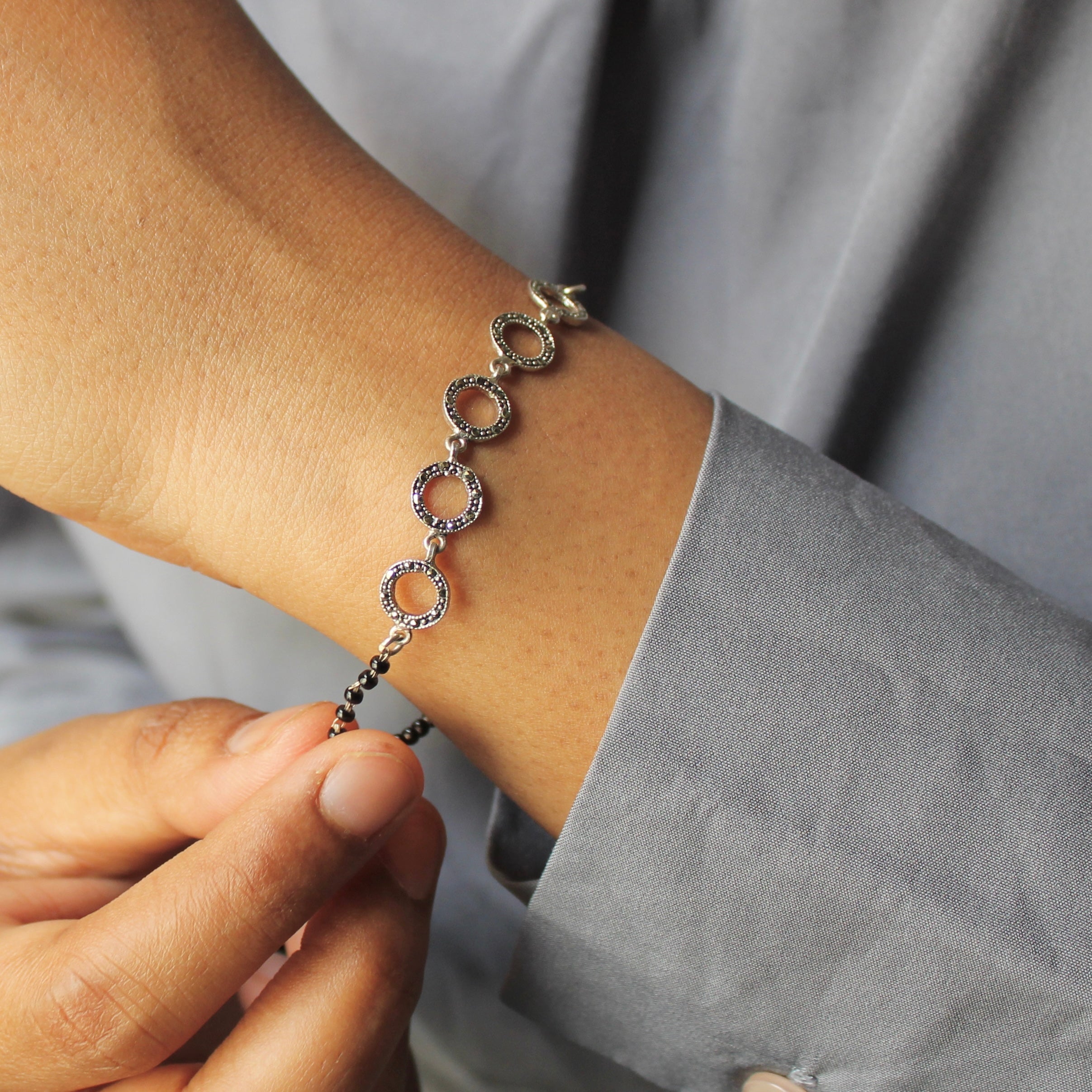 5 Rings Oxidised Charm pure Silver Mangalsutra Bracelet