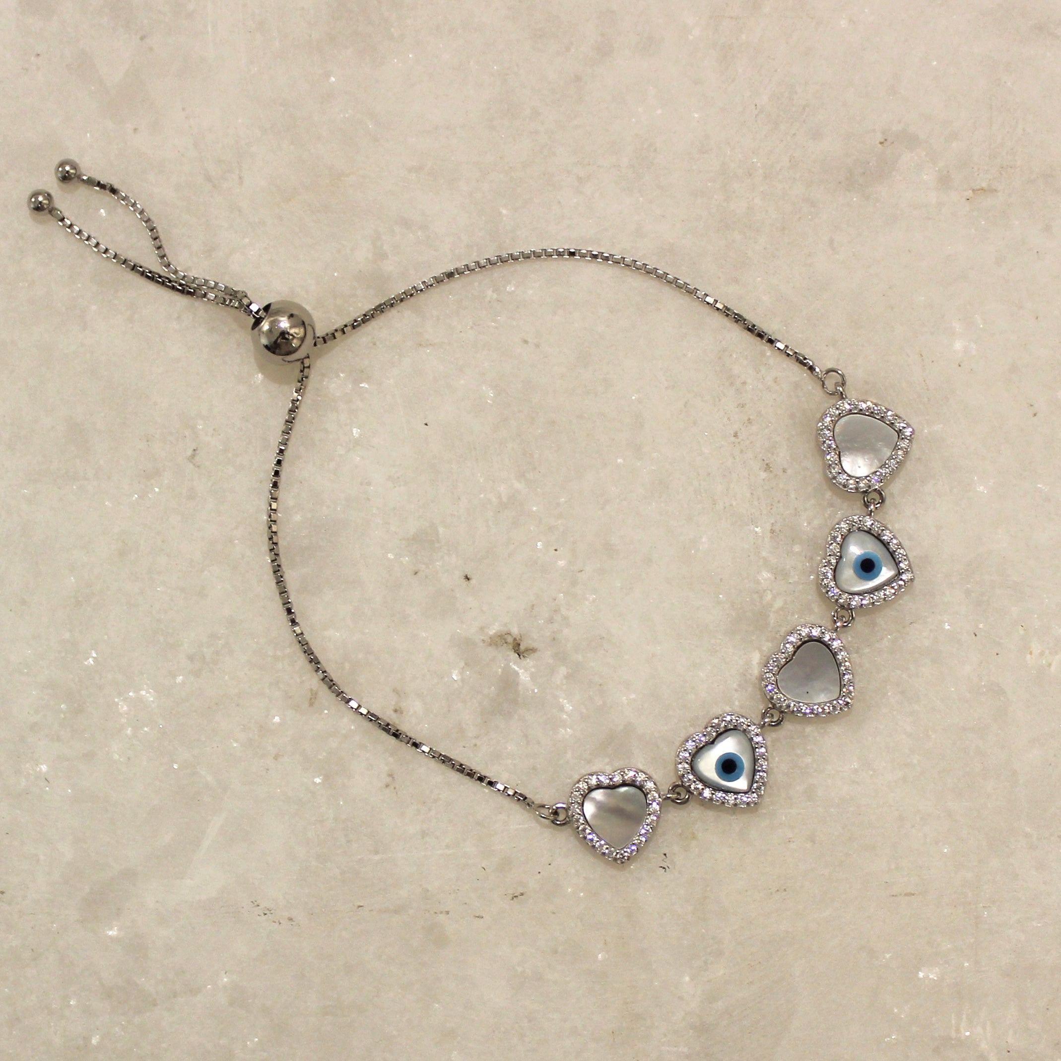 5 Hearts Evil Eye Pure Silver Adjustable Bracelet