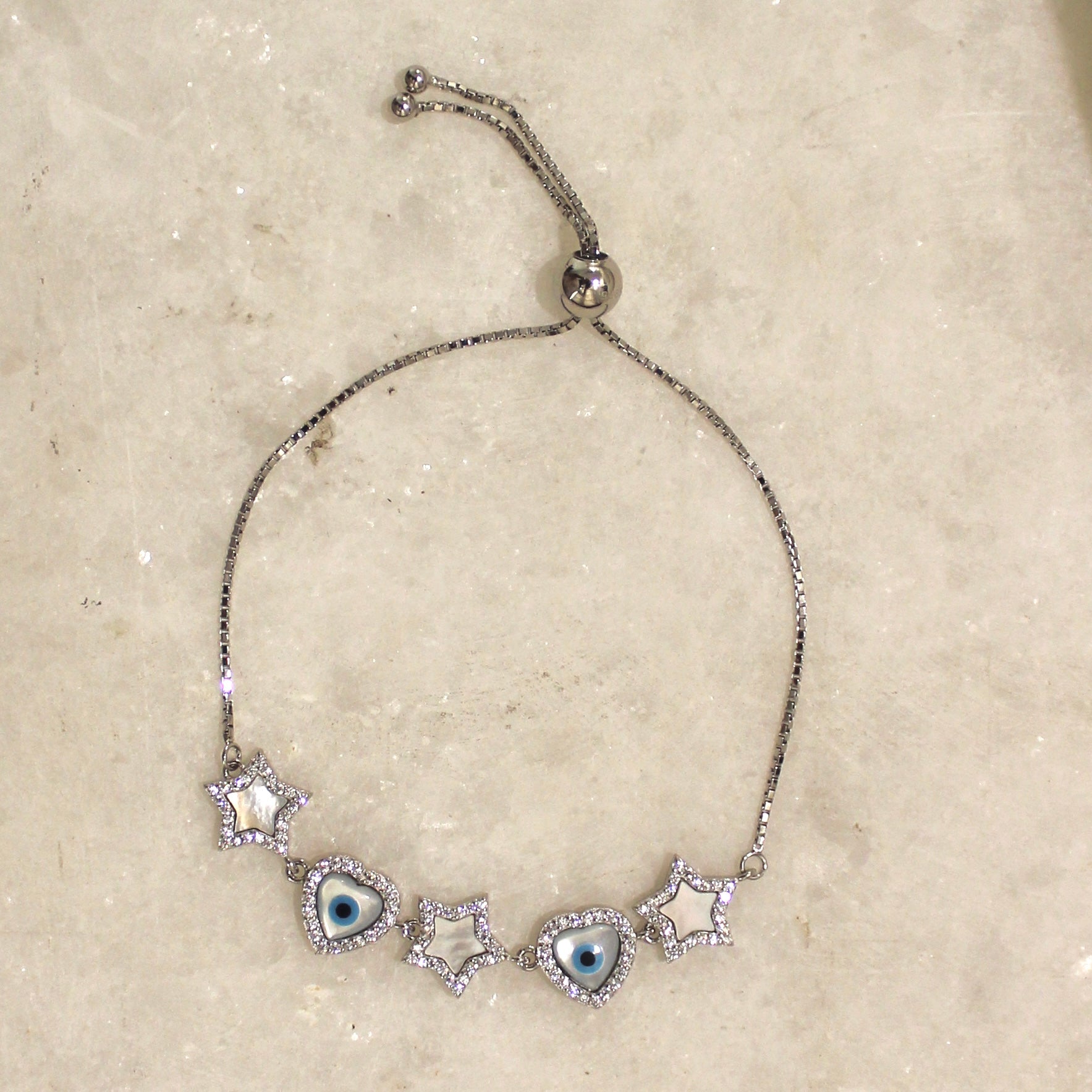 2 hearts 3 Stars Pure Silver Adjustable Bracelet