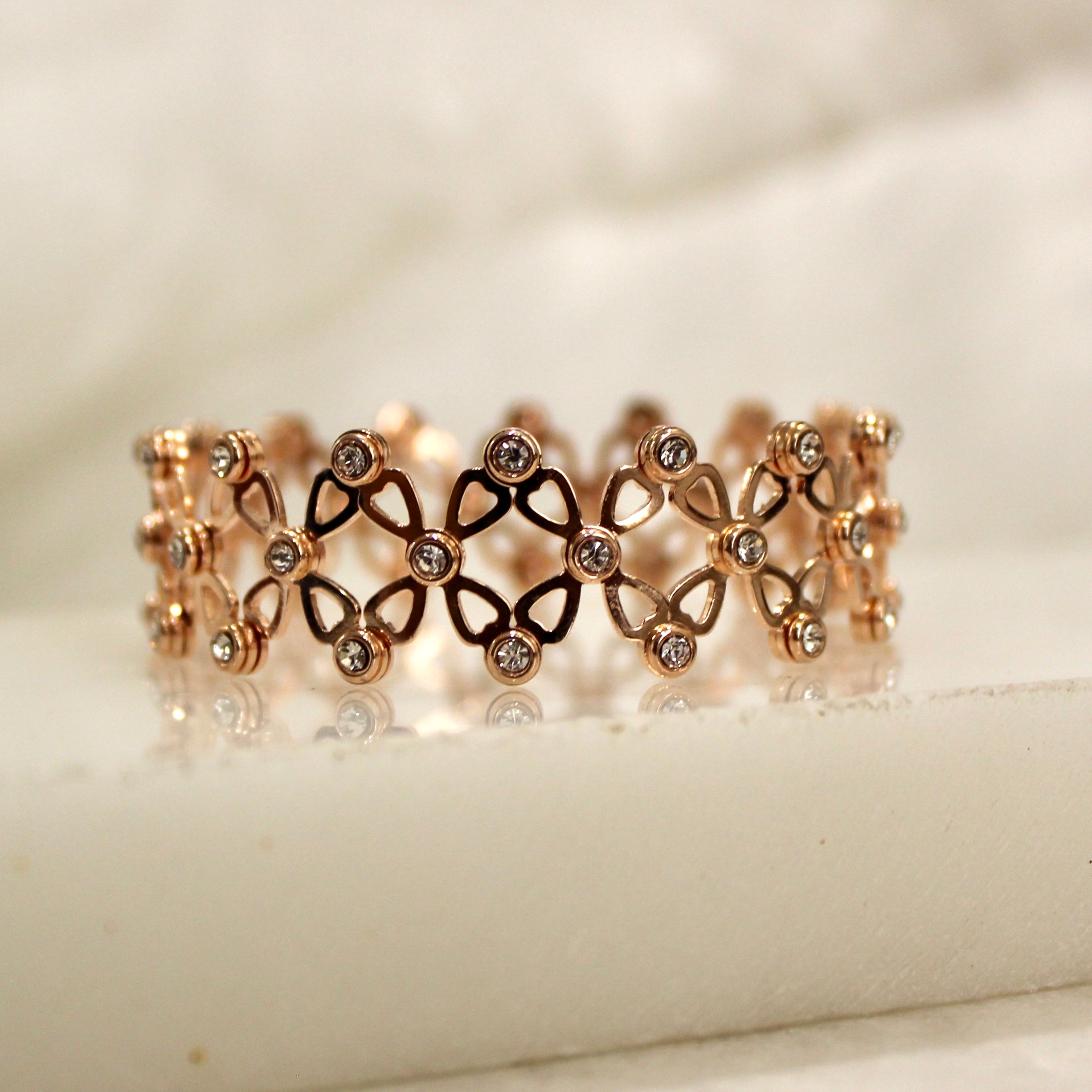 92.5 Sterling Silver flower Ring cum Bracelet Rose gold with Stones