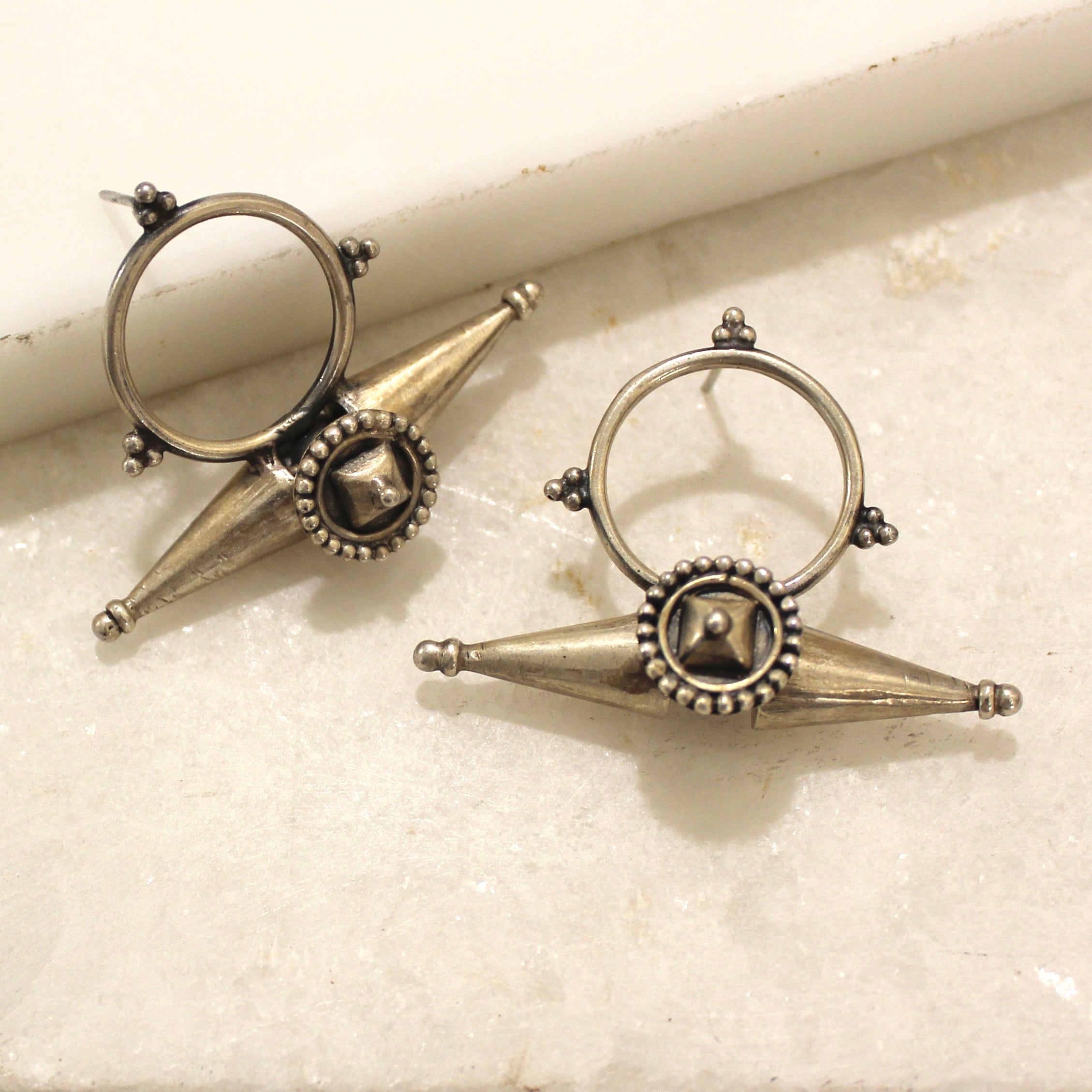 Ring With Cones 925 Pure Silver Antique Earrings