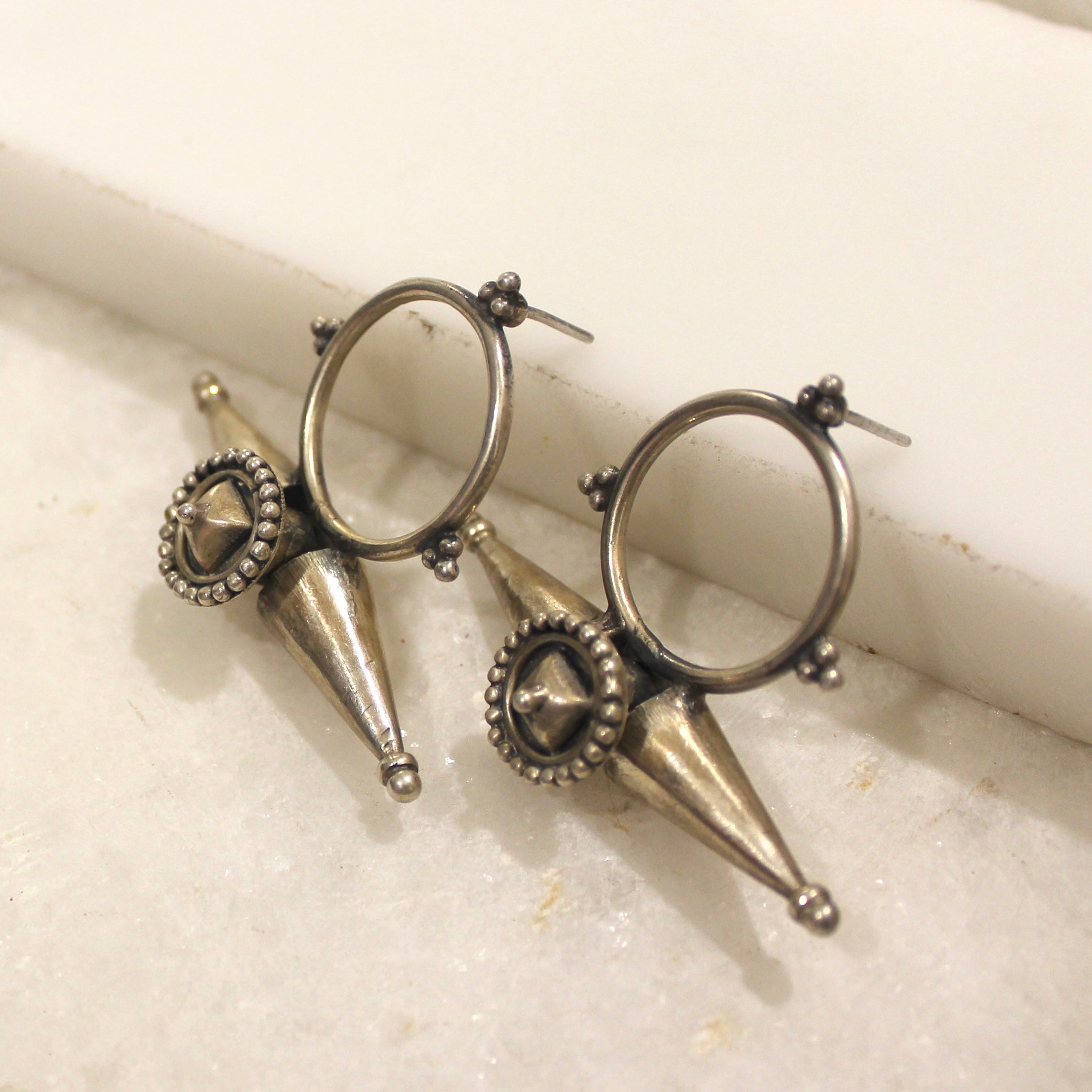 Ring With Cones 925 Pure Silver Antique Earrings