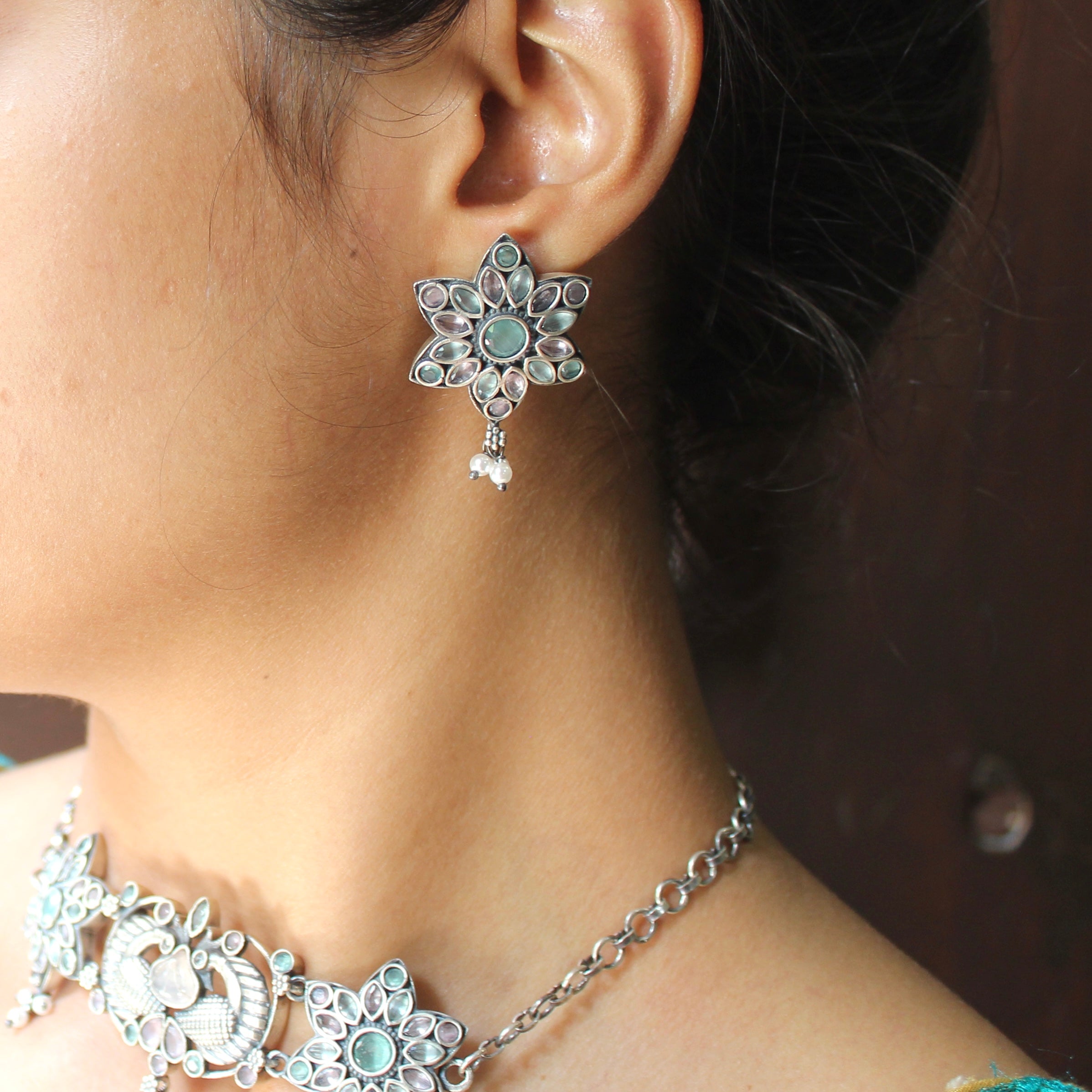 Pastel Stones Flower Antique 925 Pure Silver Choker With Silver Earrings