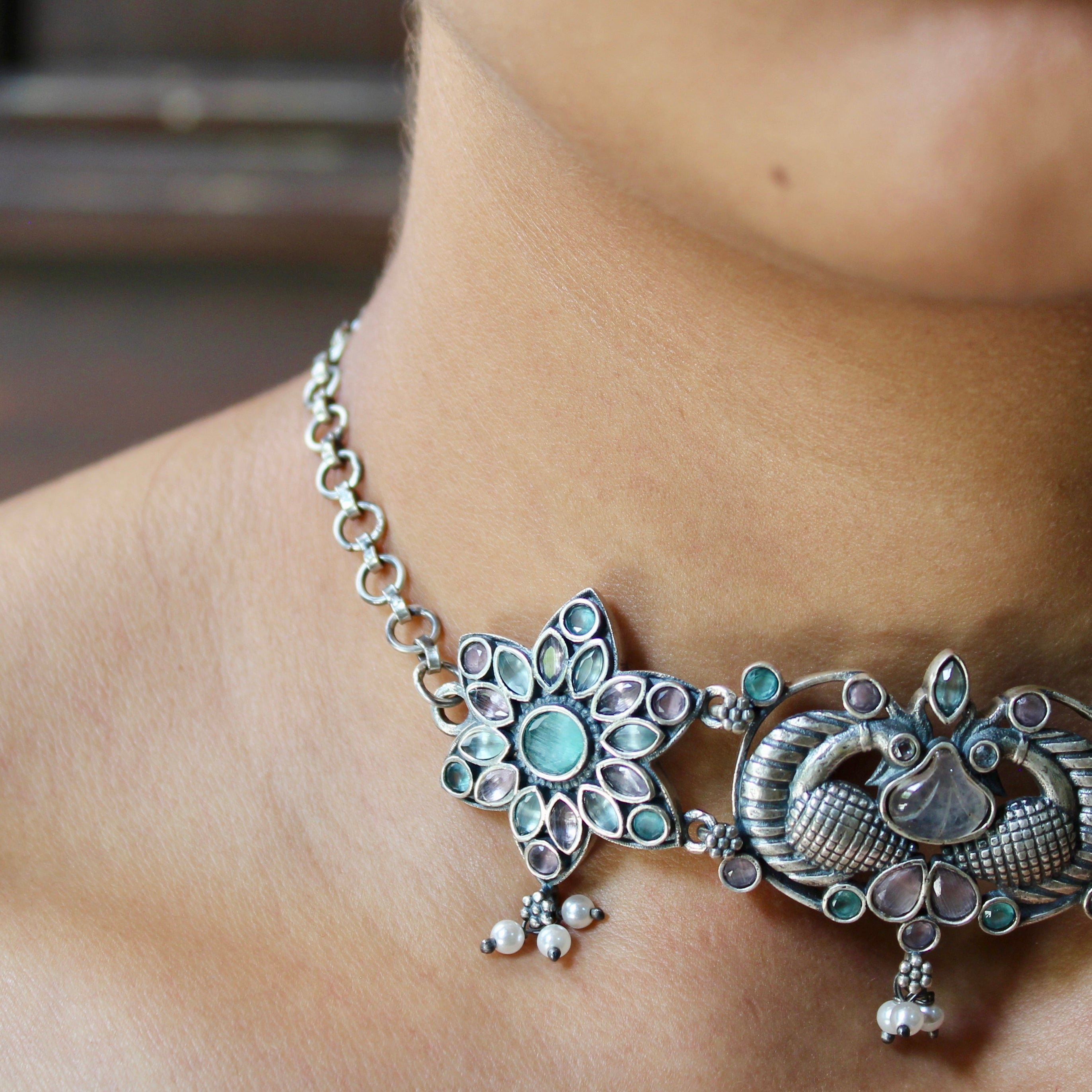 Pastel Stones Flower Antique 925 Pure Silver Choker With Silver Earrings
