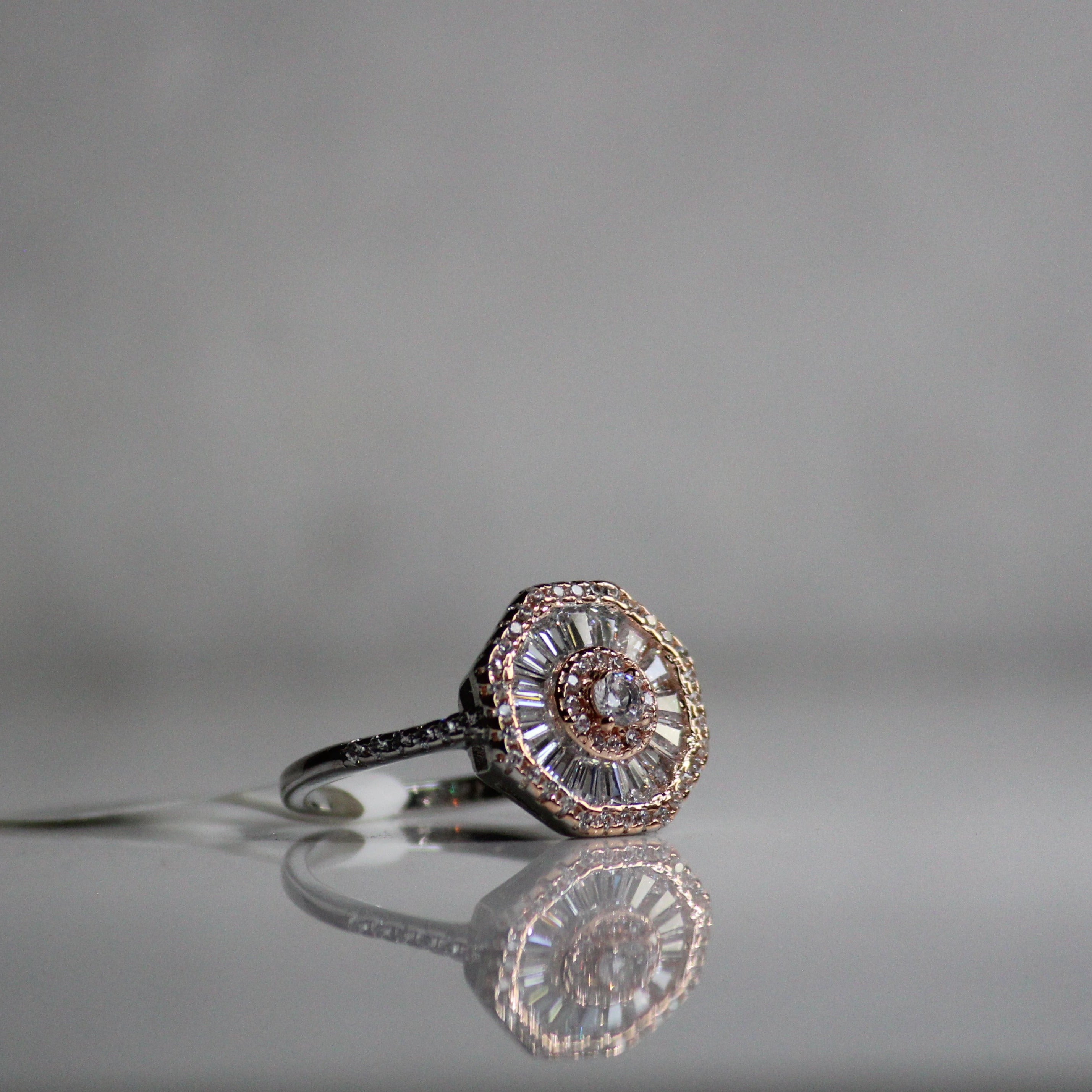 Hexagon zircon stones rose gold 925 silver ring