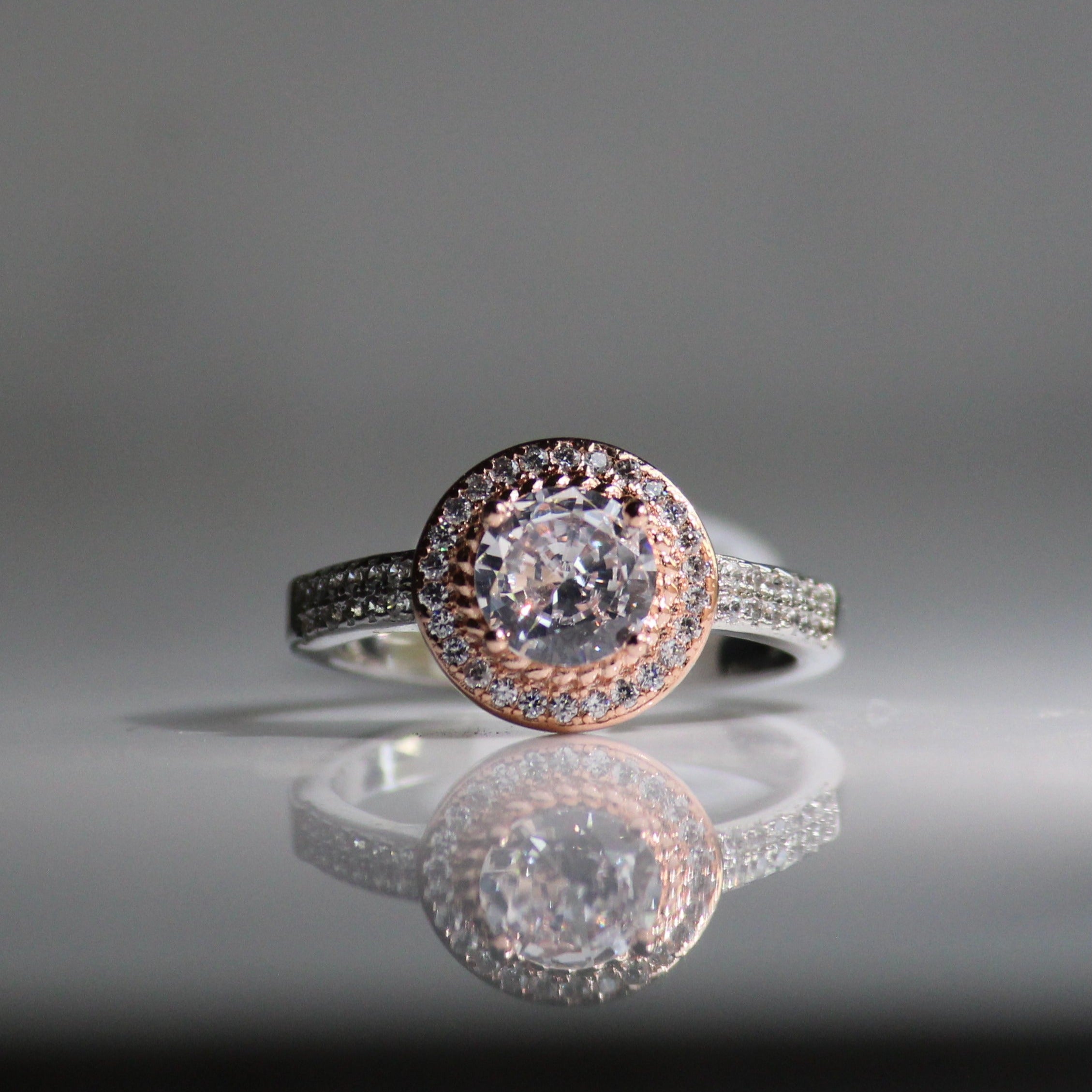 American Diamond M rose gold silver ring