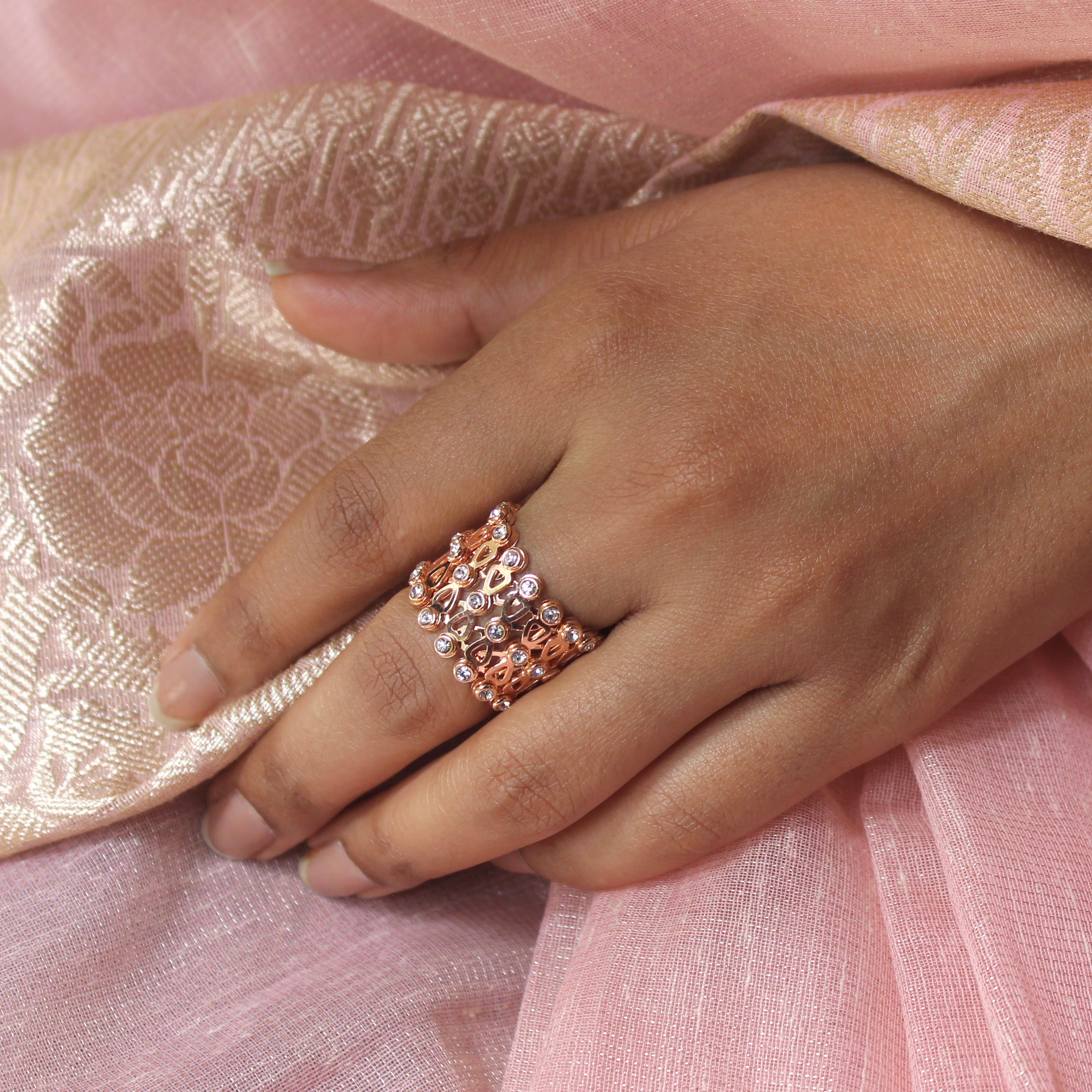 92.5 Sterling Silver flower Ring cum Bracelet Rose gold with Stones