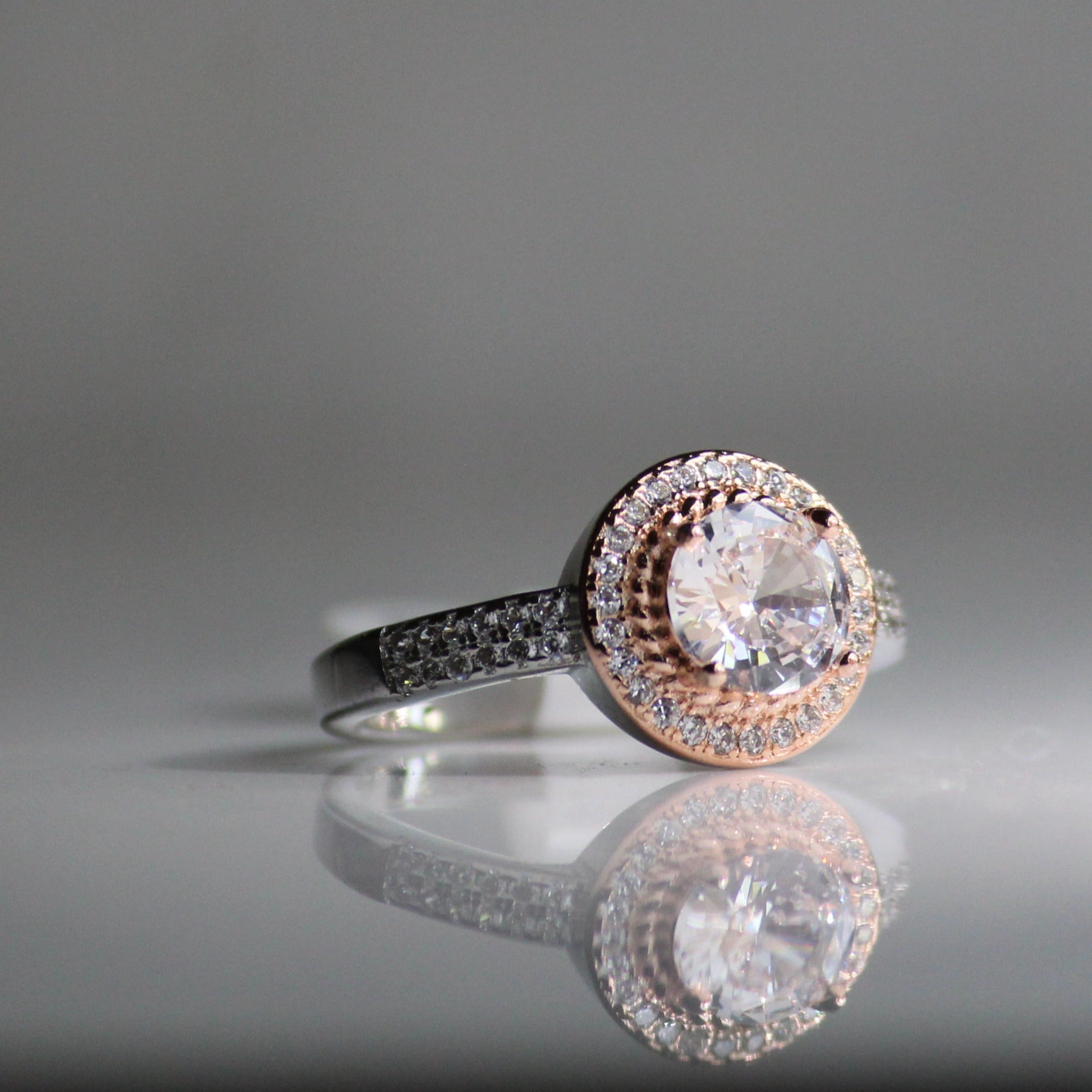 American Diamond M rose gold silver ring