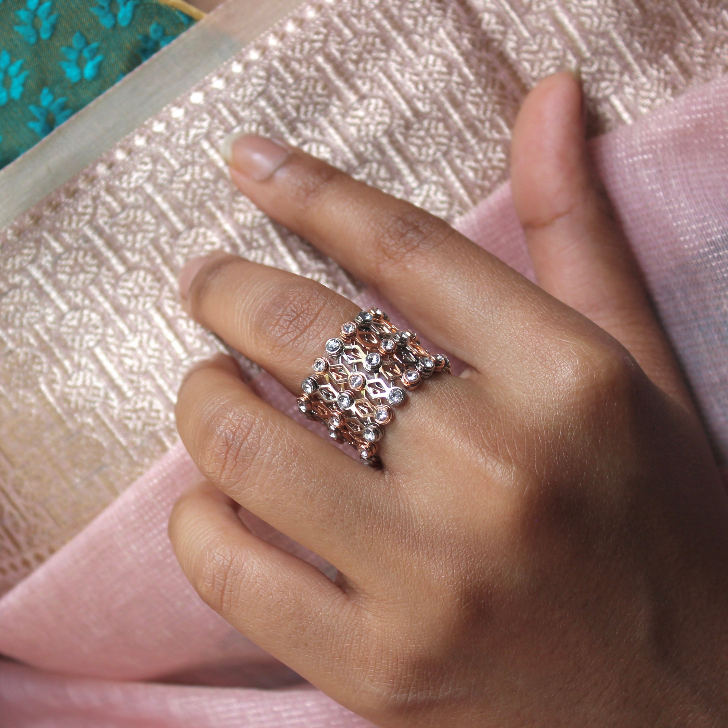 92.5 Sterling Silver Diamond Zigzag Ring cum Bracelet Rose Gold with Stones