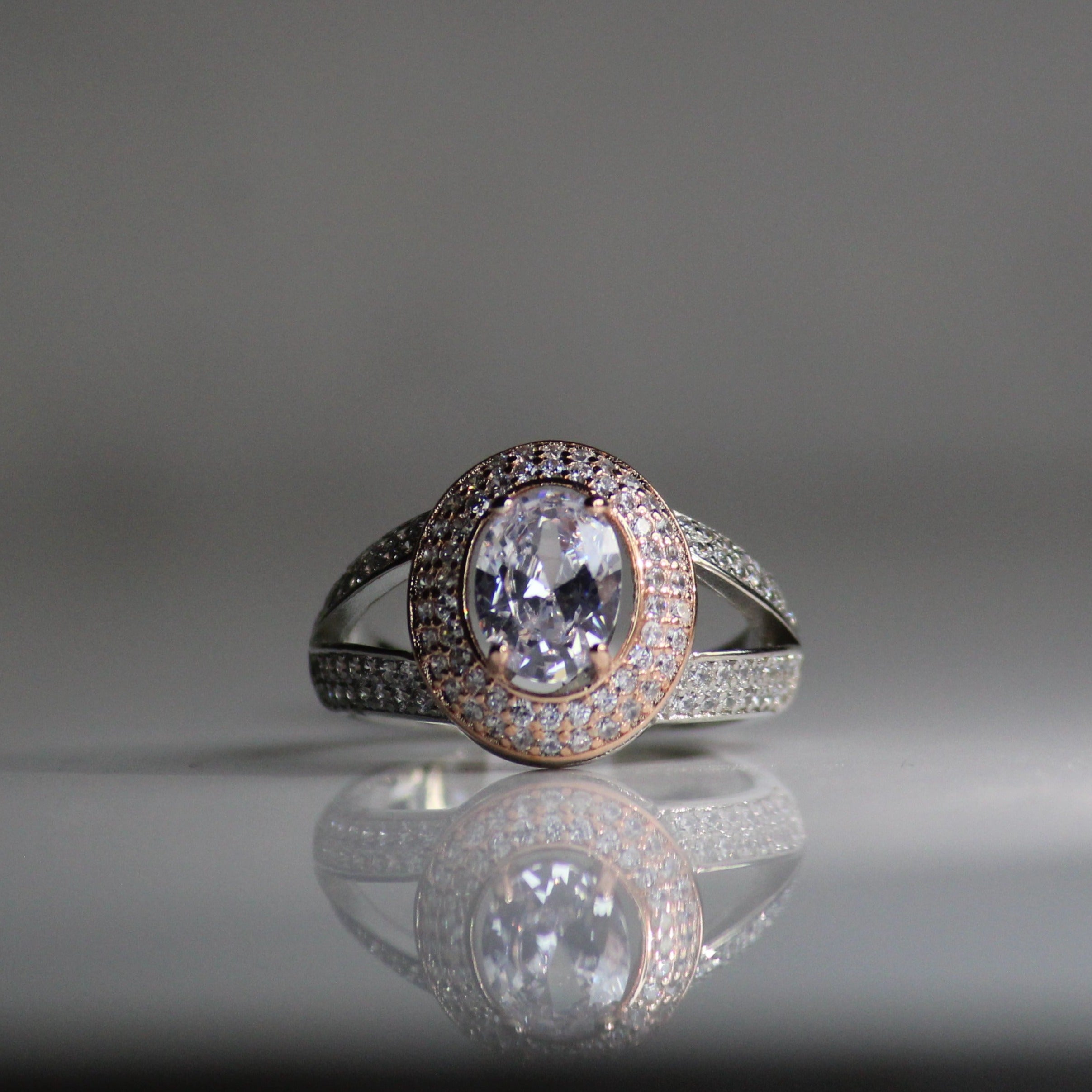 American diamond L rose gold heavy silver ring