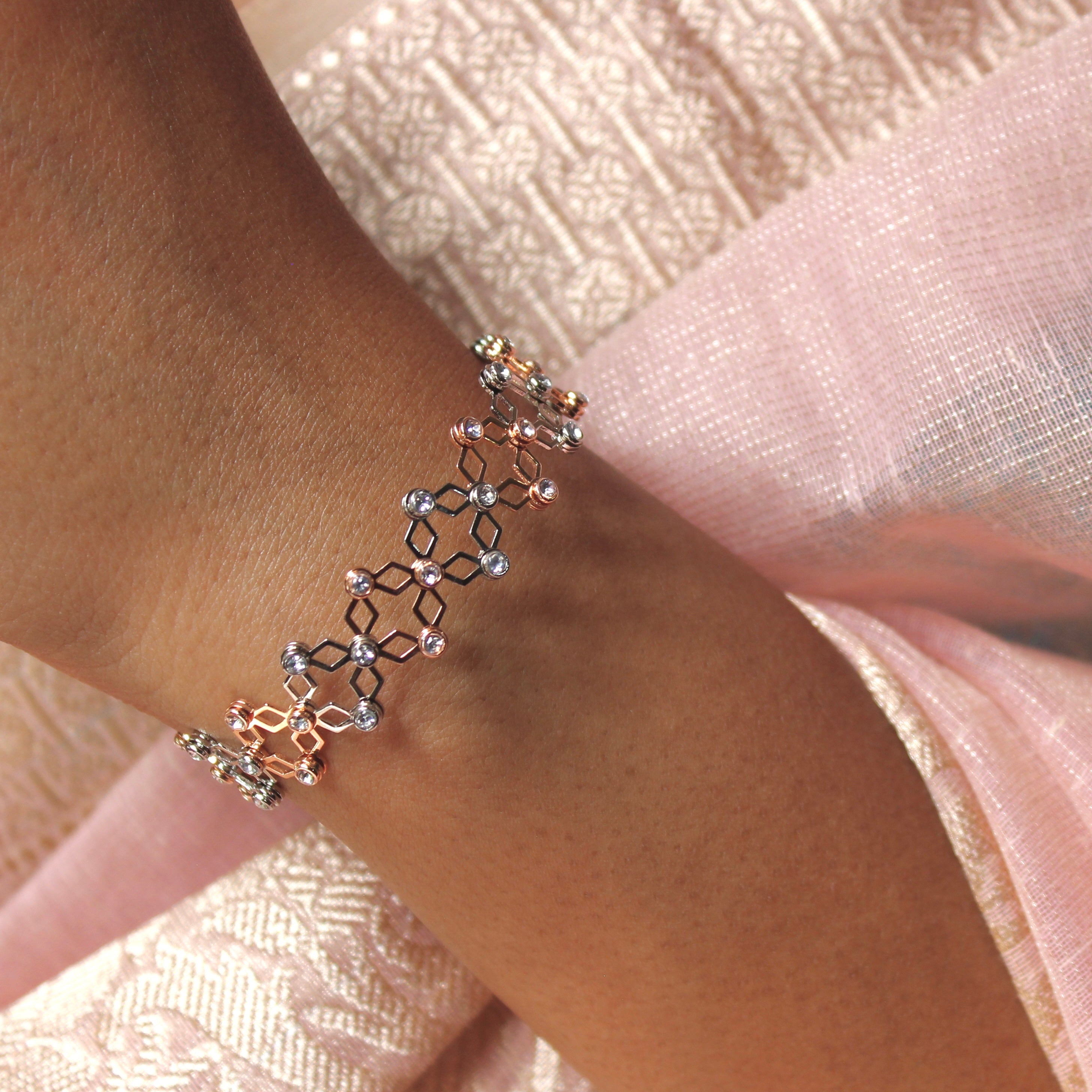 92.5 Sterling Silver Diamond Zigzag Ring cum Bracelet Rose Gold with Stones