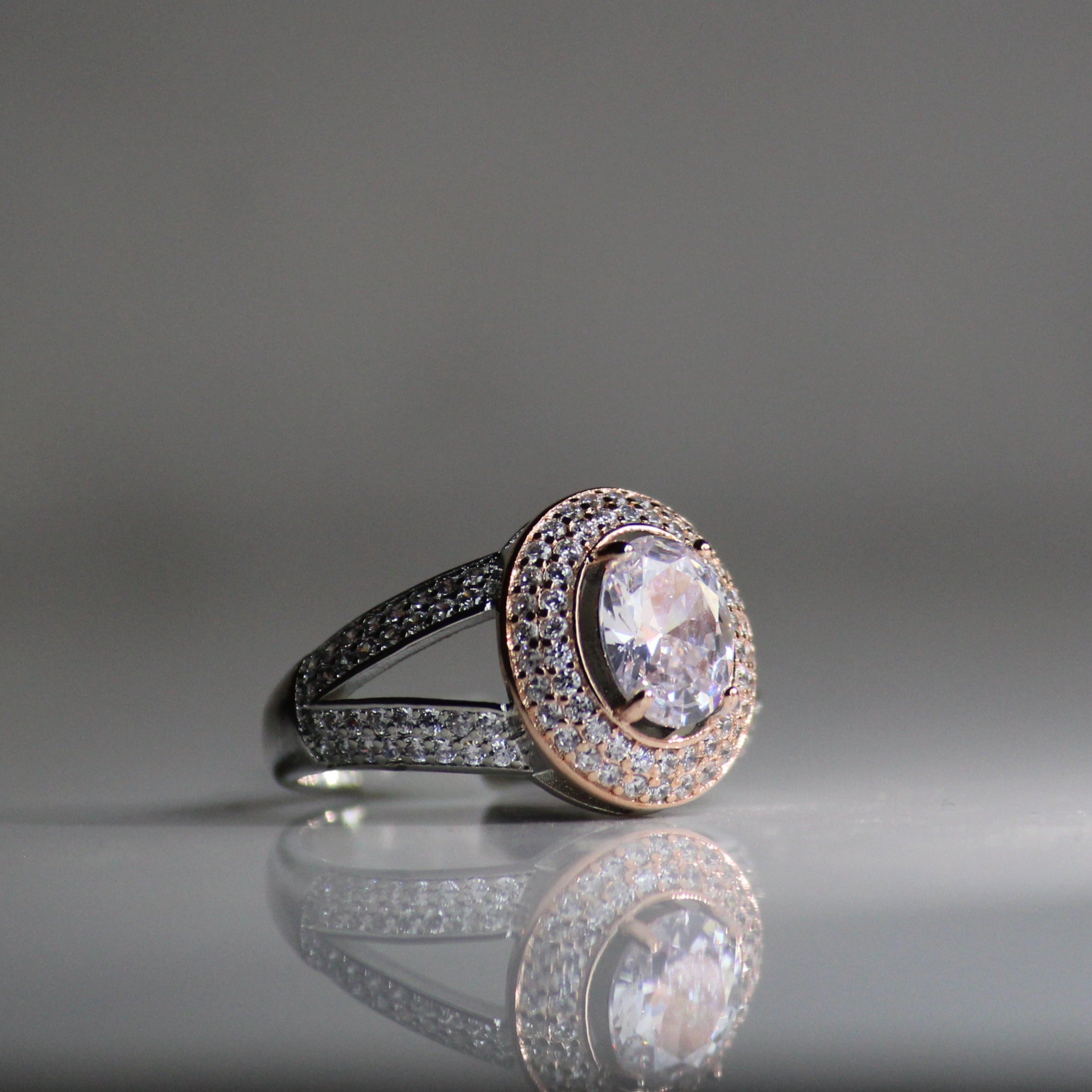 American diamond L rose gold heavy silver ring