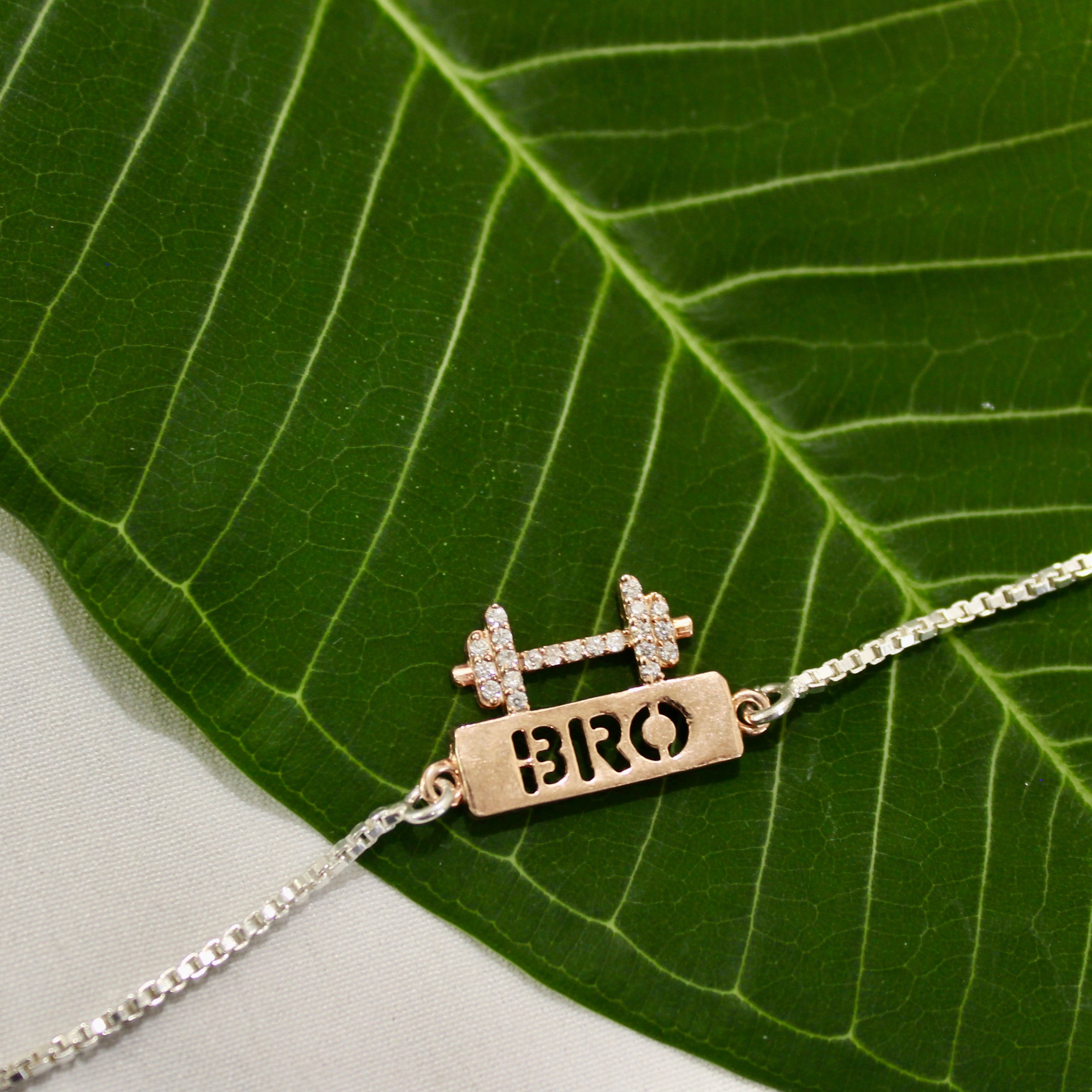 BRO WITH DUMBELL rose gold chained rakhi in 925 silver