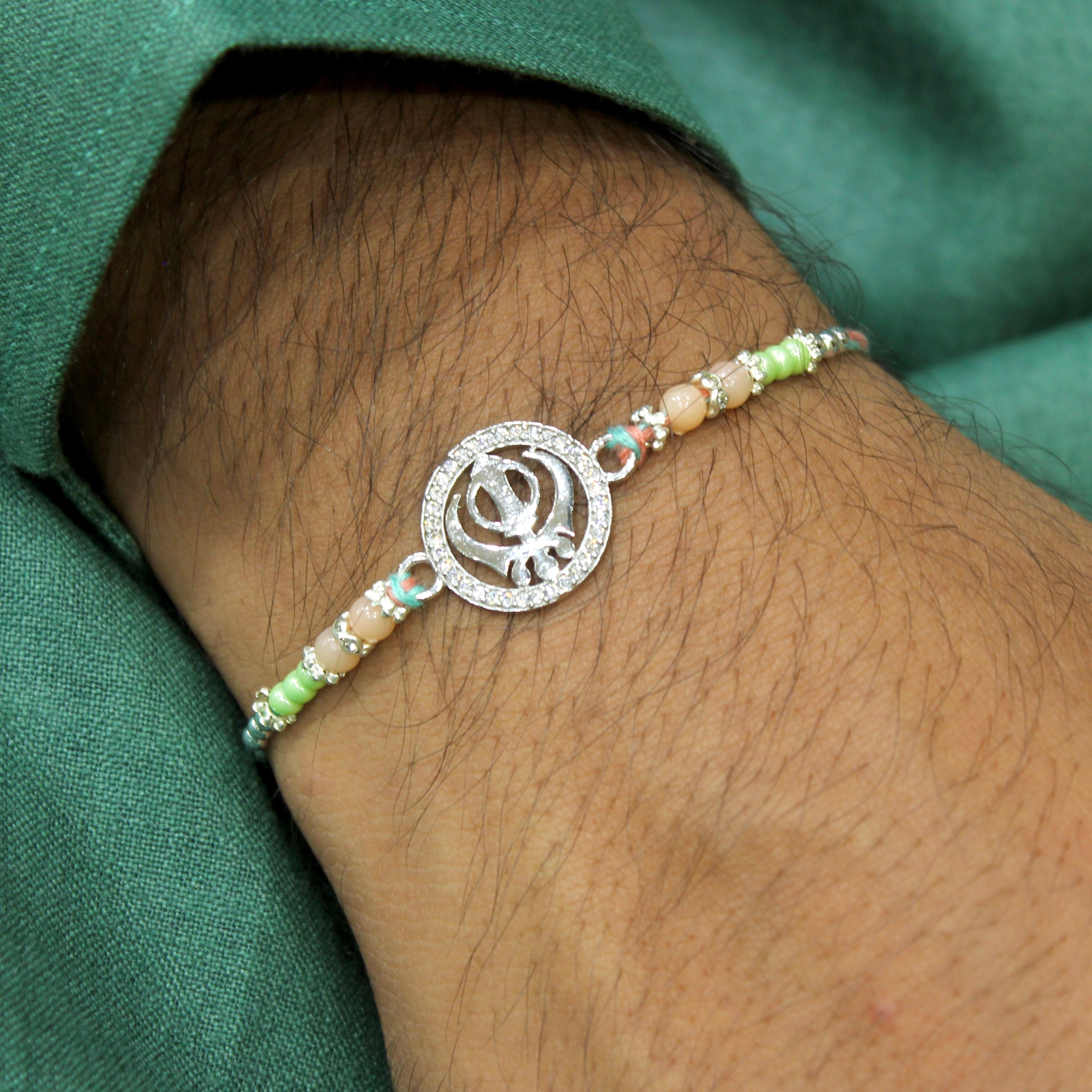 KHANDA 925 silver peach thread rakhi