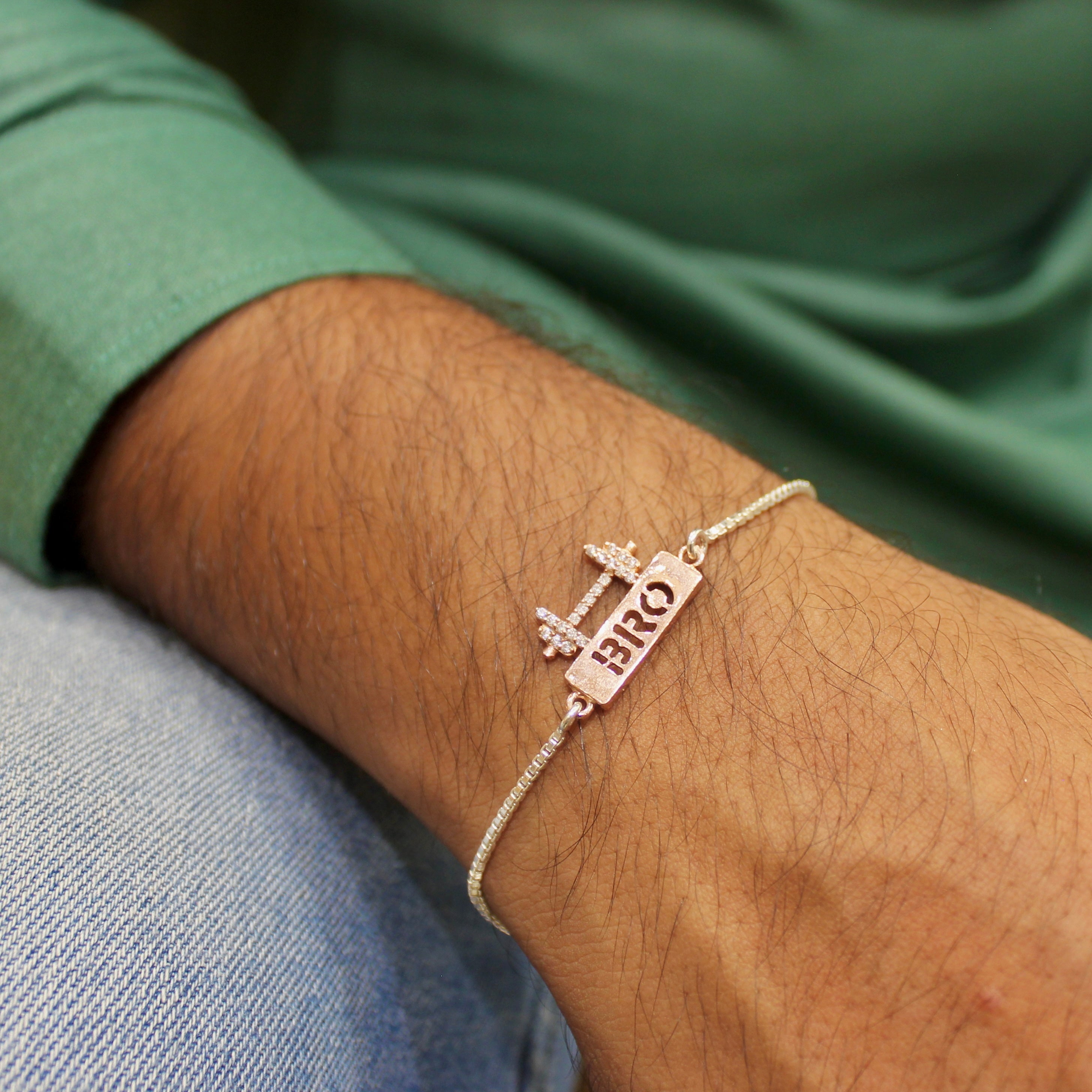 BRO WITH DUMBELL rose gold chained rakhi in 925 silver