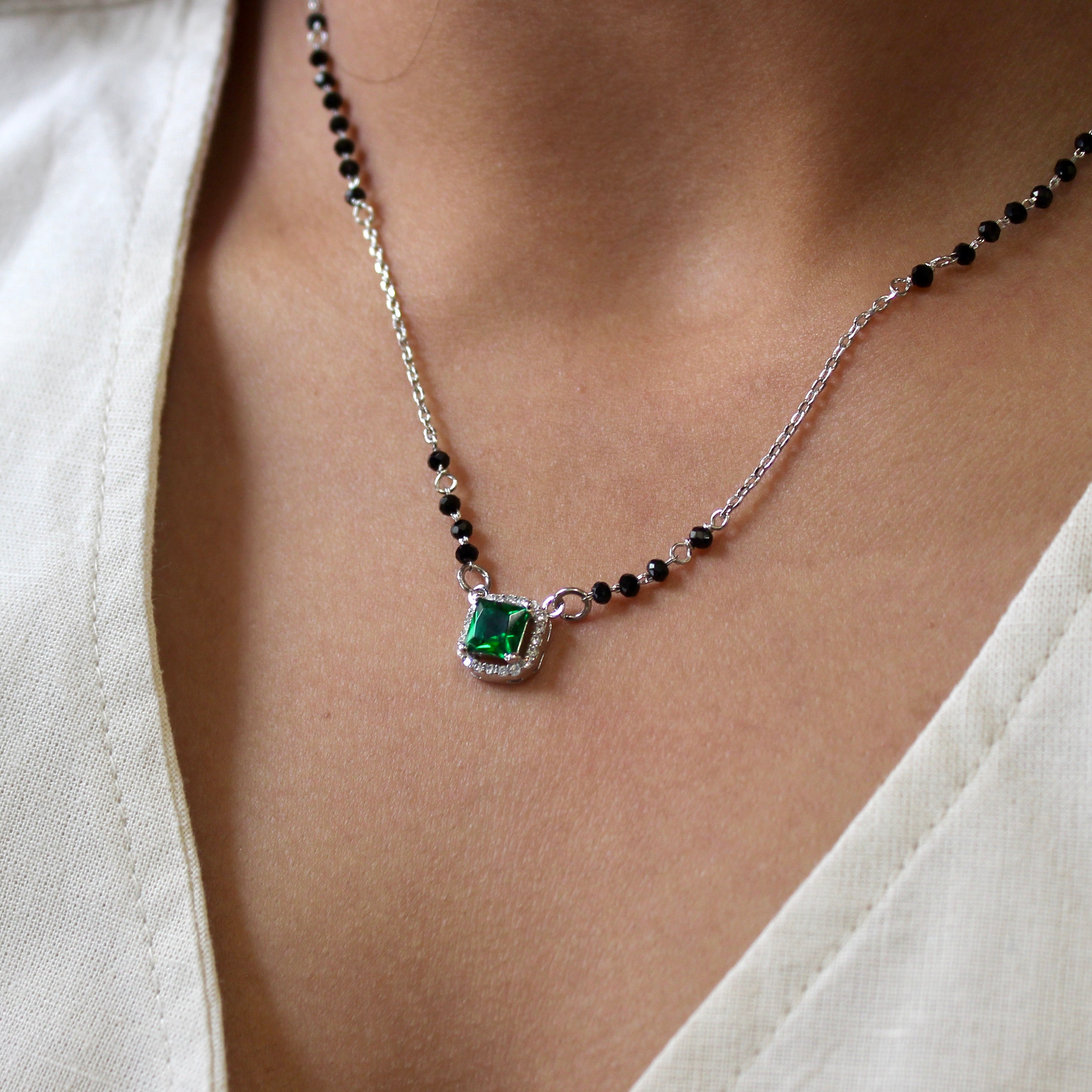 Emerald Stone Cubic Zircon Stones Mangalsutra in 925 Silver