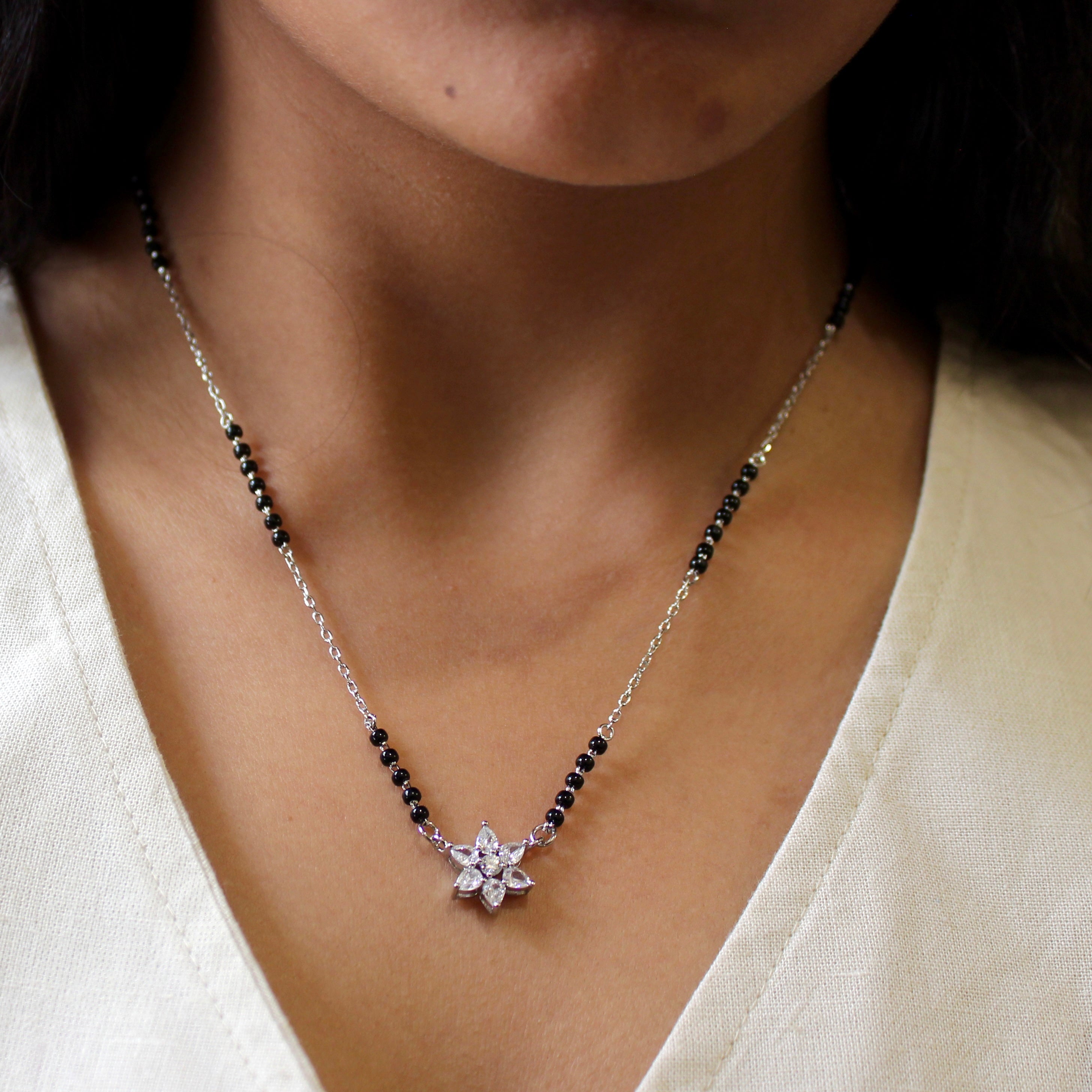 Big Flower Zircon Stones Mangalsutra in 925 Silver