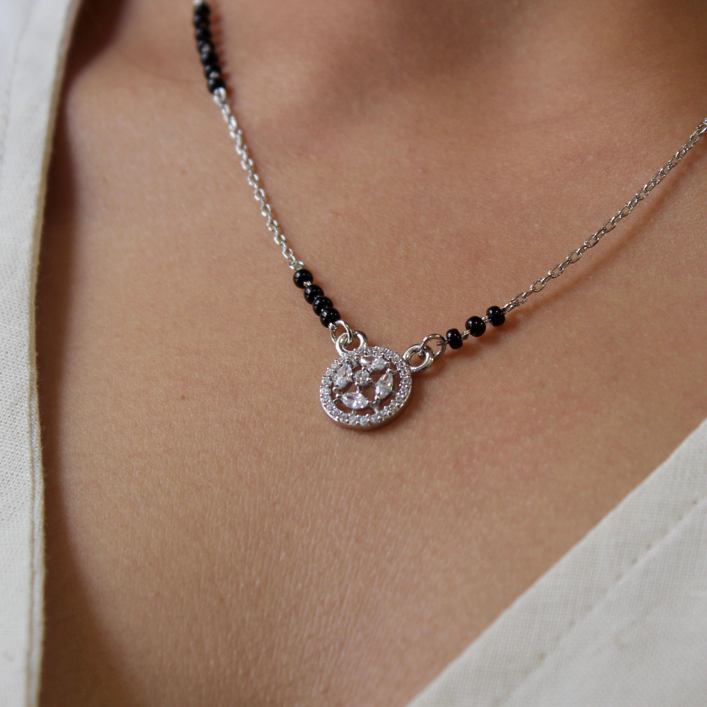 Round Bordered Star Zircon Stones Mangalsutra in 925 Silver