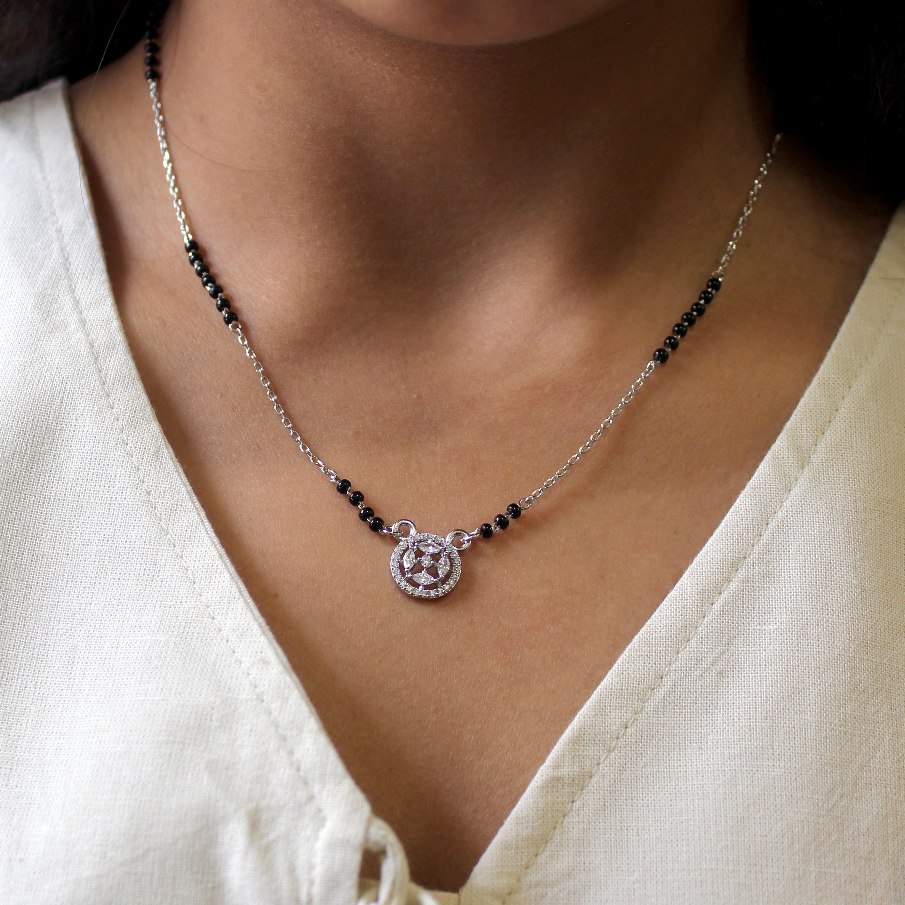 Round Bordered Star Zircon Stones Mangalsutra in 925 Silver