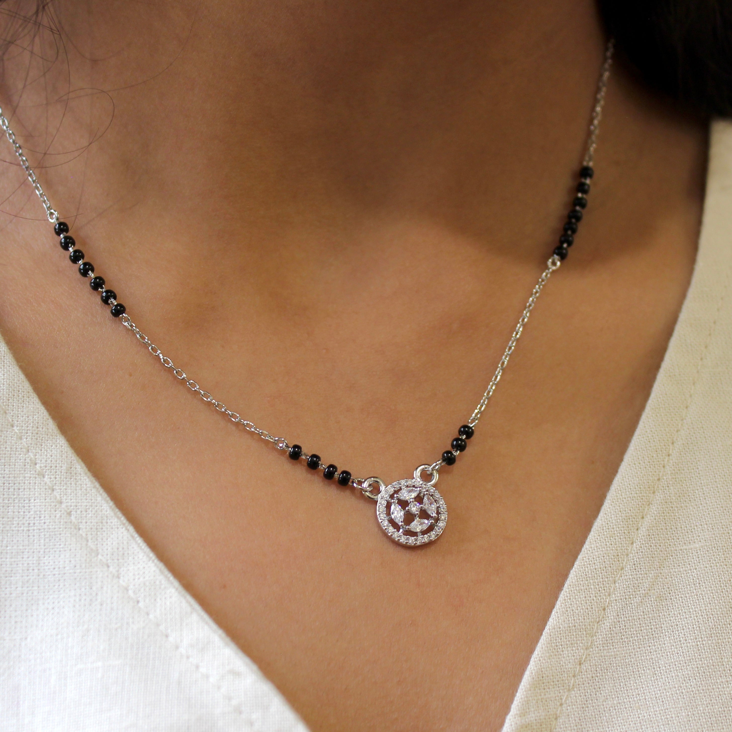 Round Bordered Star Zircon Stones Mangalsutra in 925 Silver