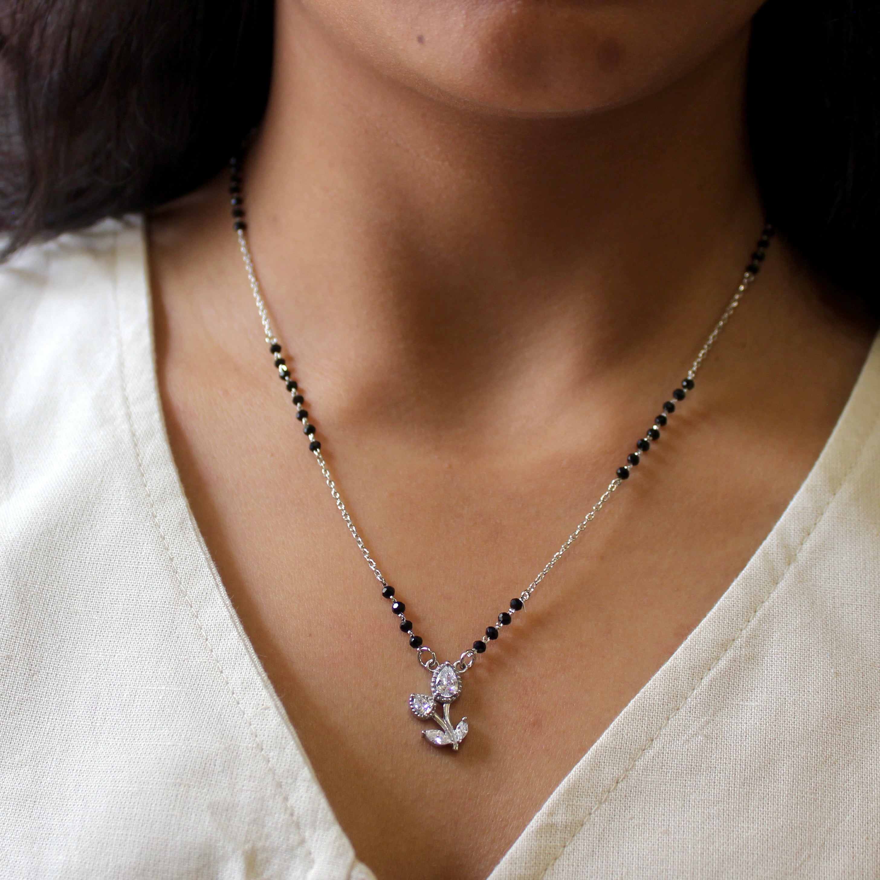 Flower Bouquet Zircon Stones Mangalsutra in 925 Silver