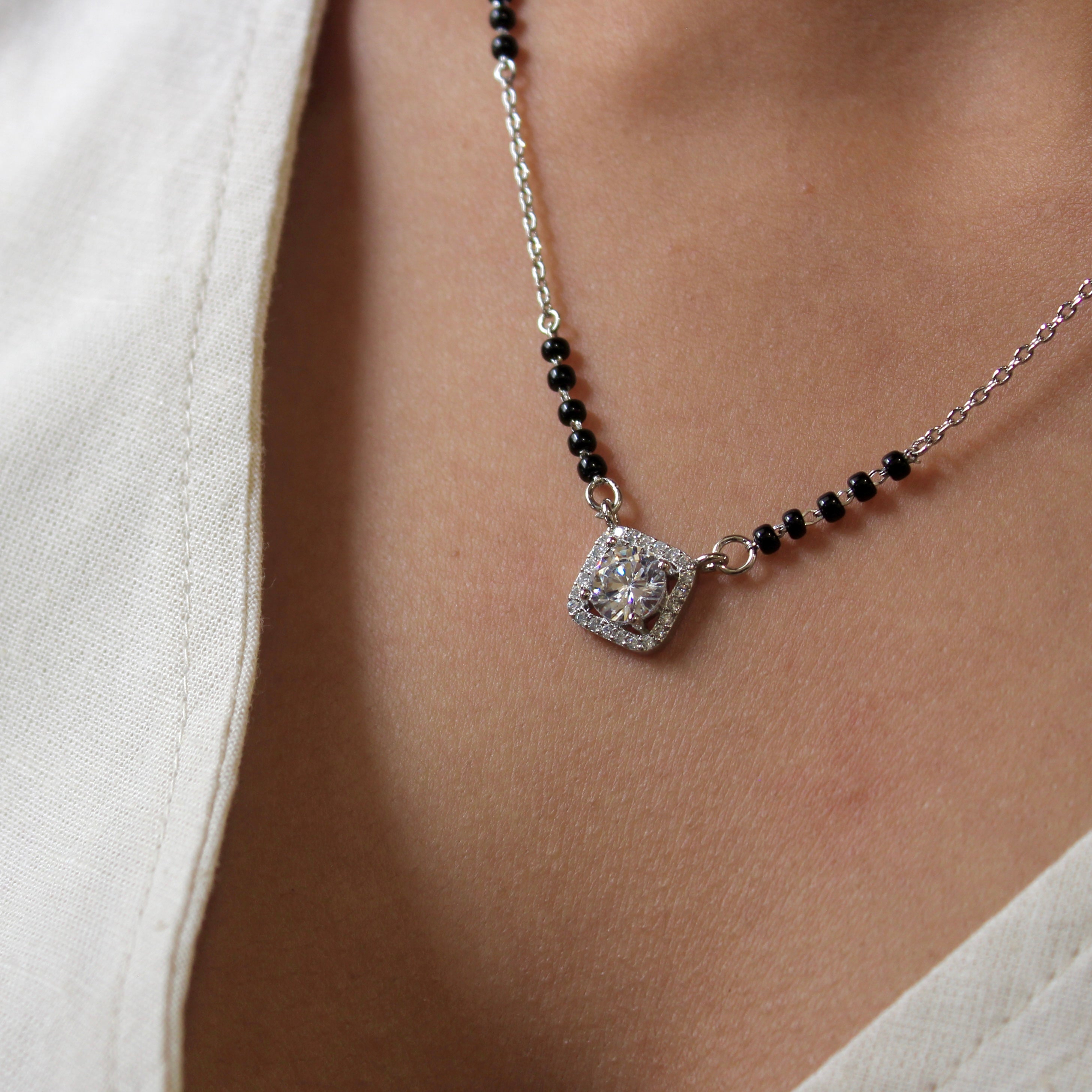 Curvy Cubical Solitaire Stone Mangalsutra in 925 Silver