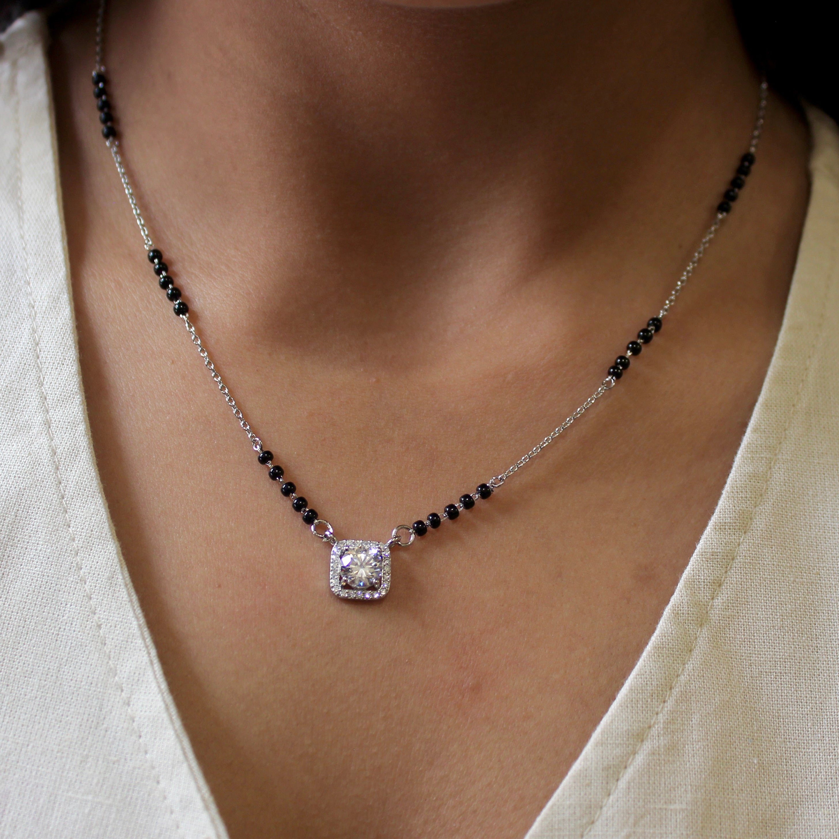 Curvy Cubical Solitaire Stone Mangalsutra in 925 Silver
