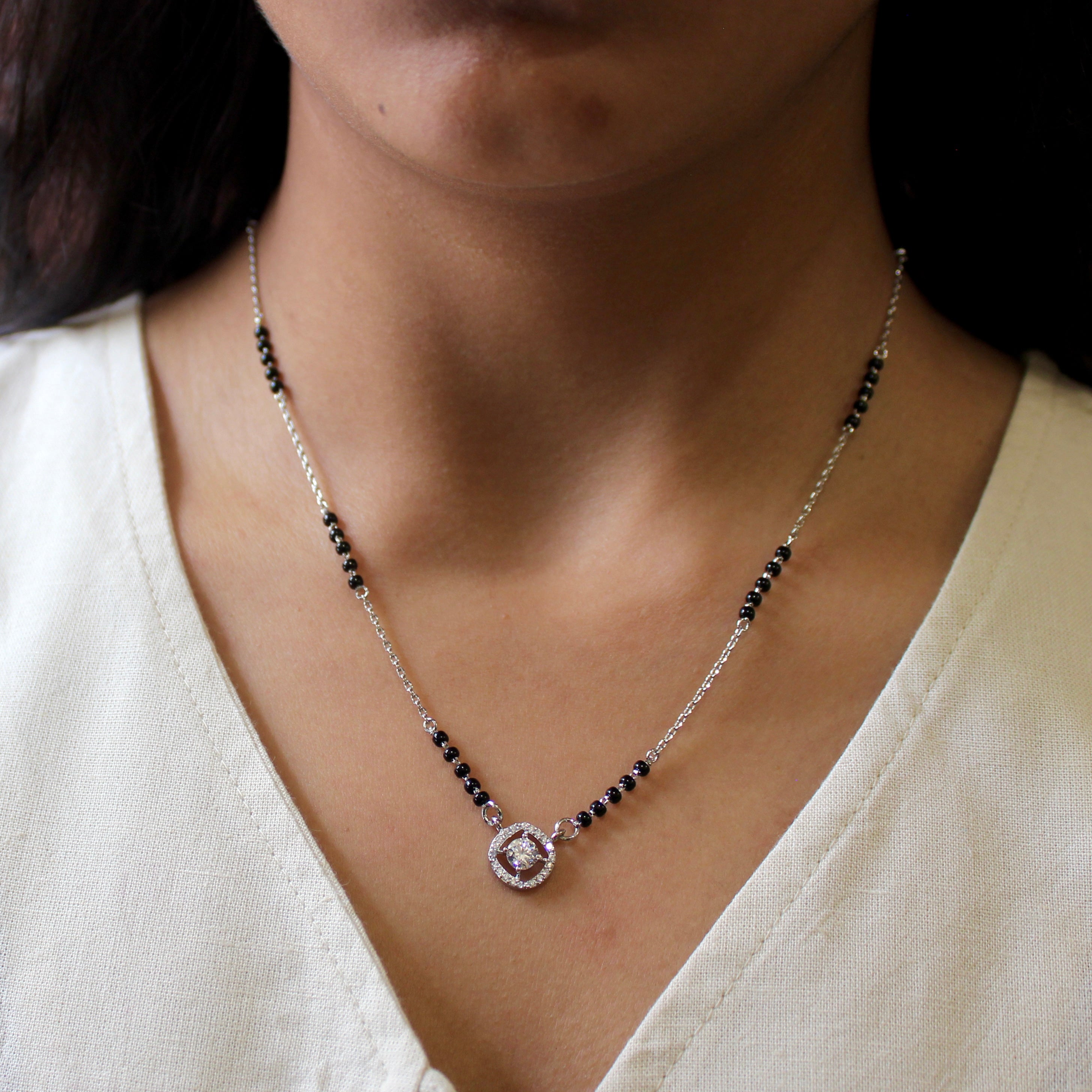 Round Bordered Solitaire Stone Mangalsutra in 925 Silver