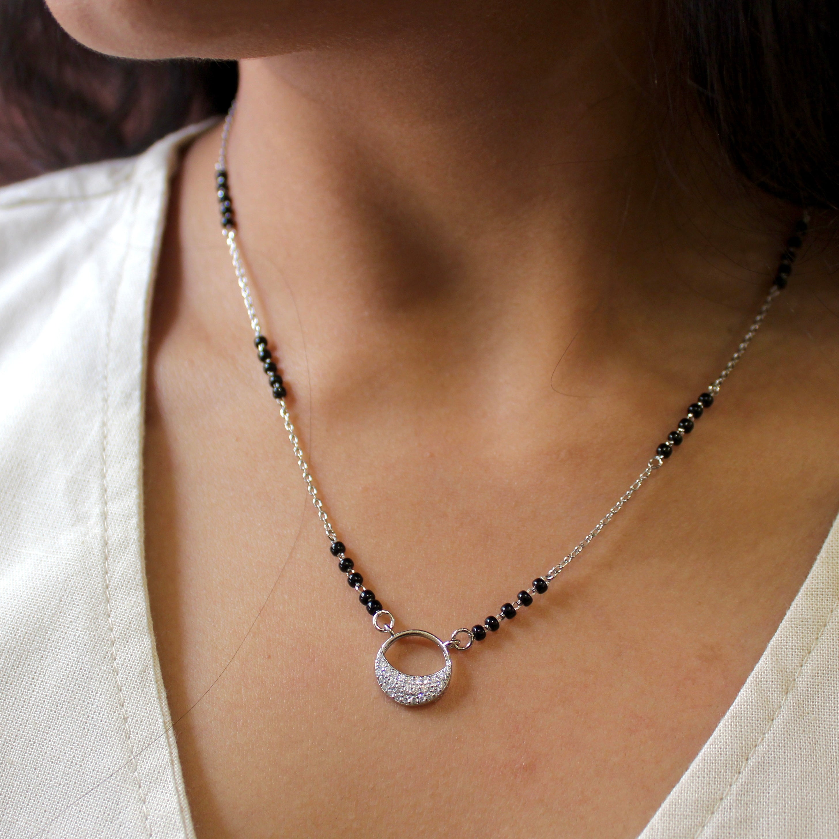 Half Moon Zircon Stones Mangalsutra in 925 Silver