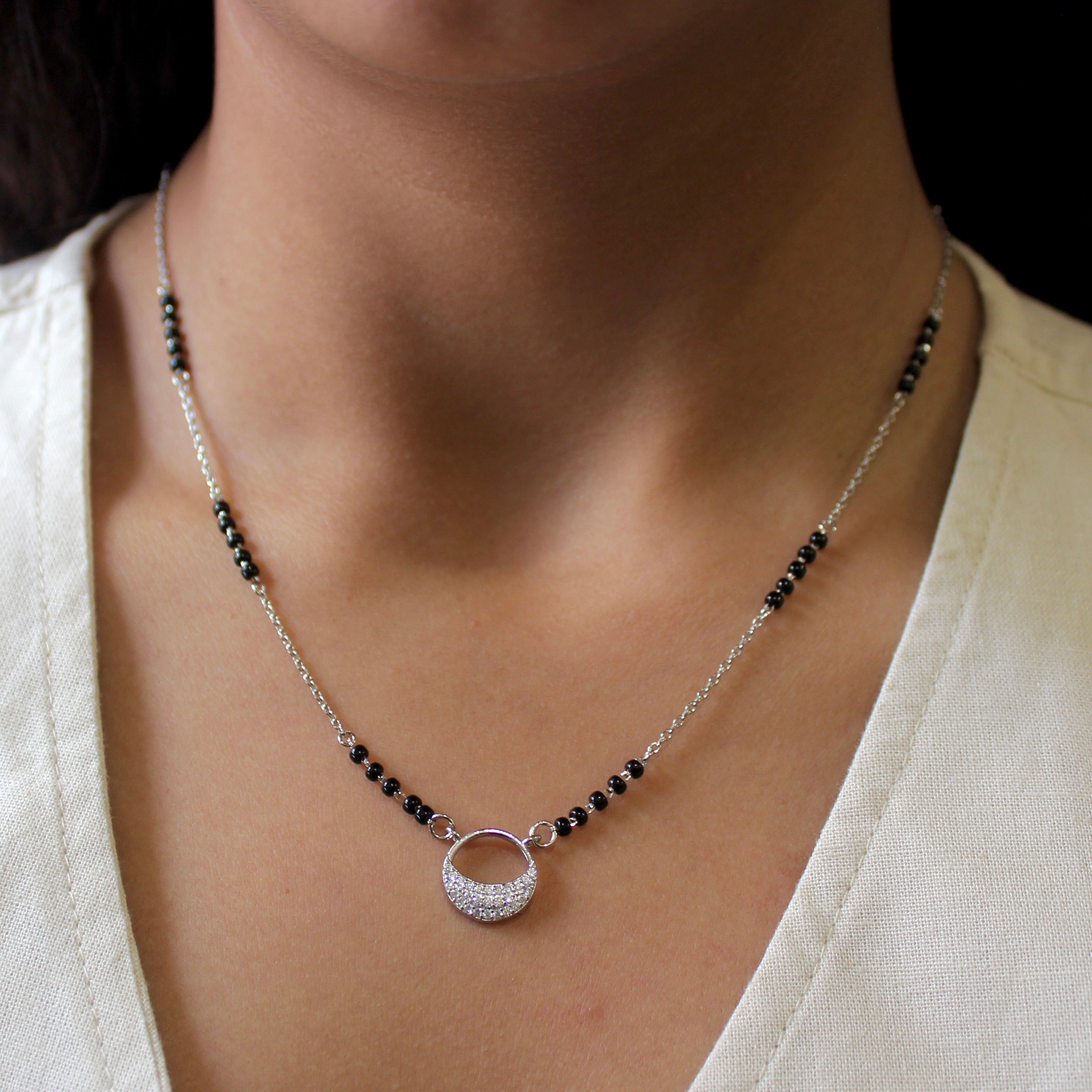 Half Moon Zircon Stones Mangalsutra in 925 Silver
