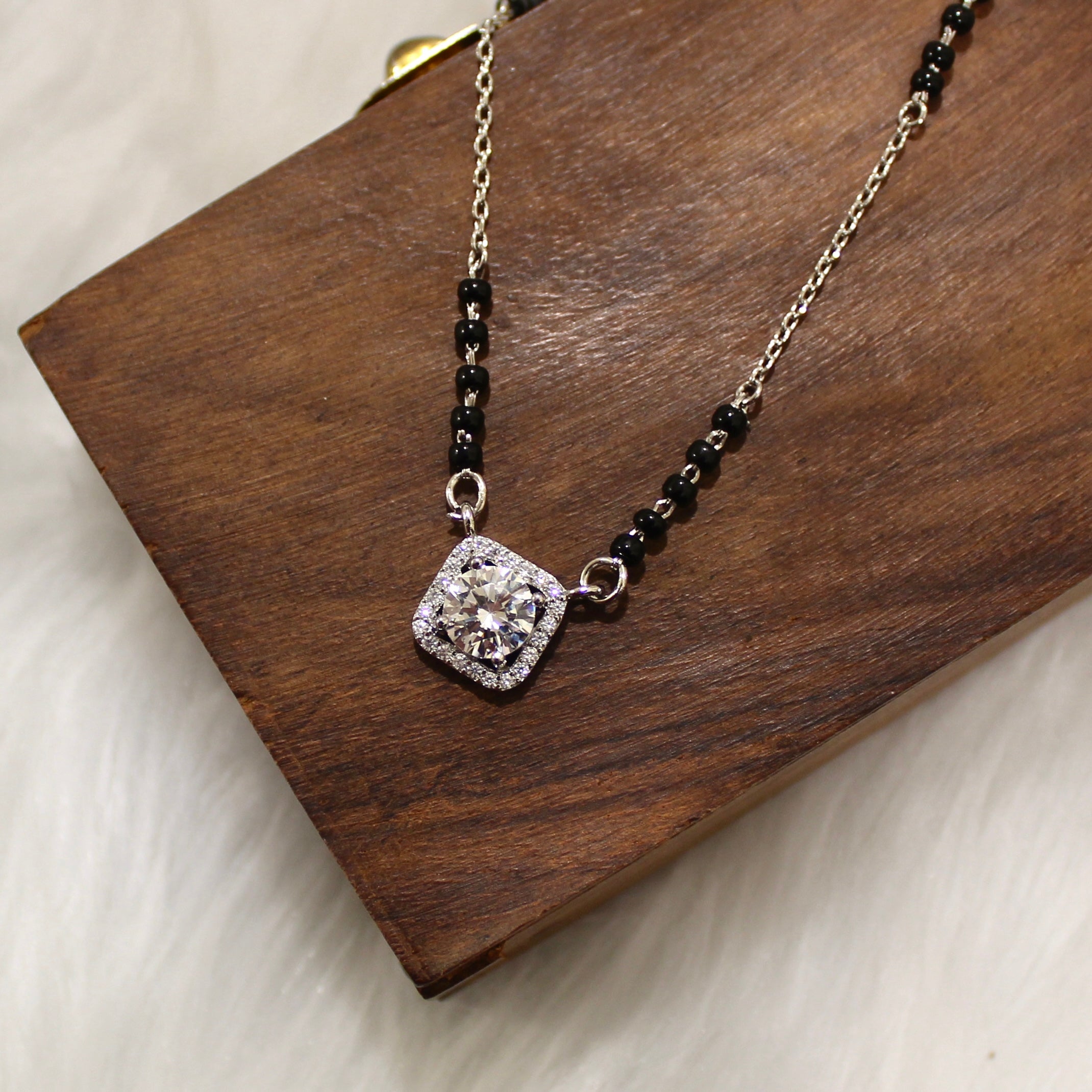 Curvy Cubical Solitaire Stone Mangalsutra in 925 Silver