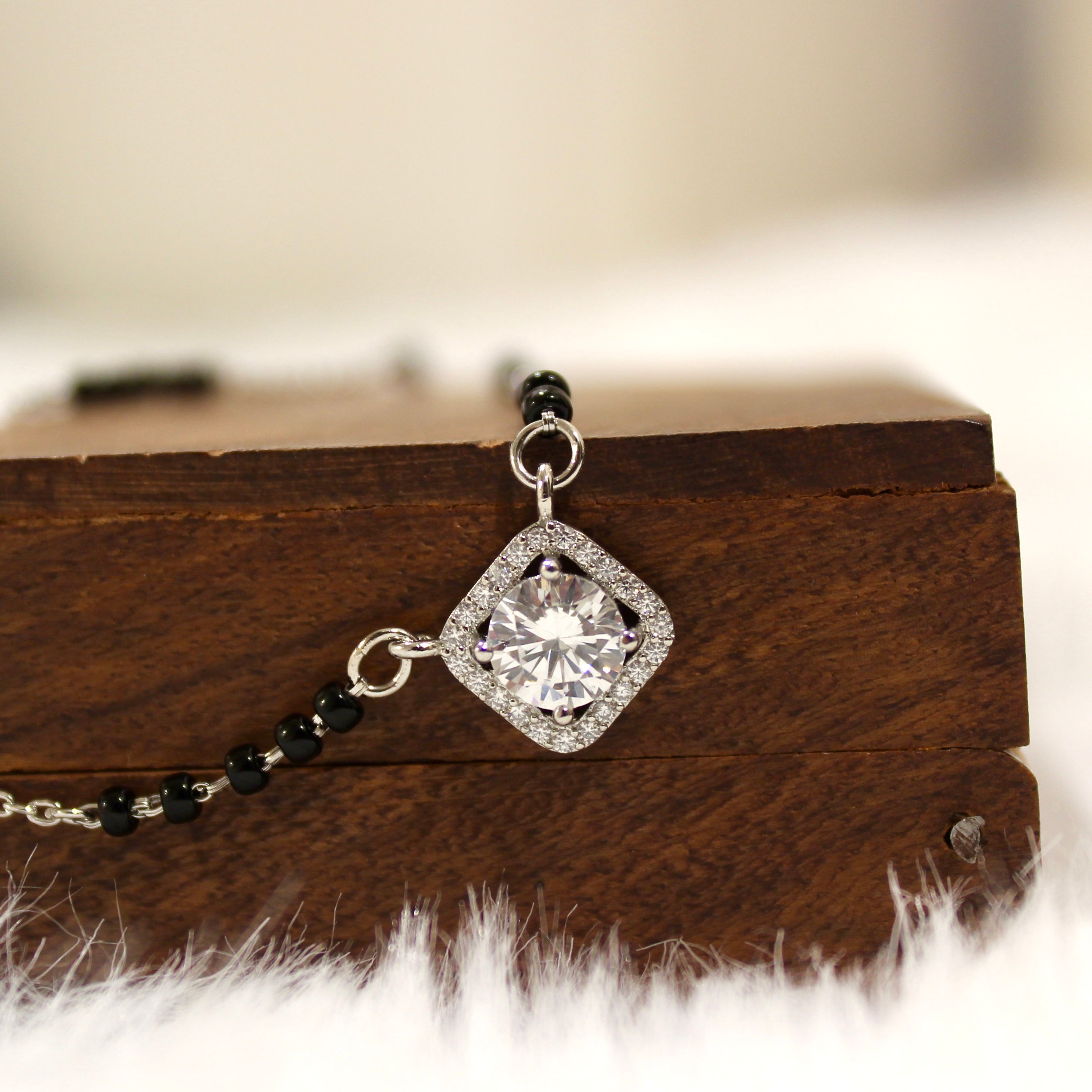 Curvy Cubical Solitaire Stone Mangalsutra in 925 Silver