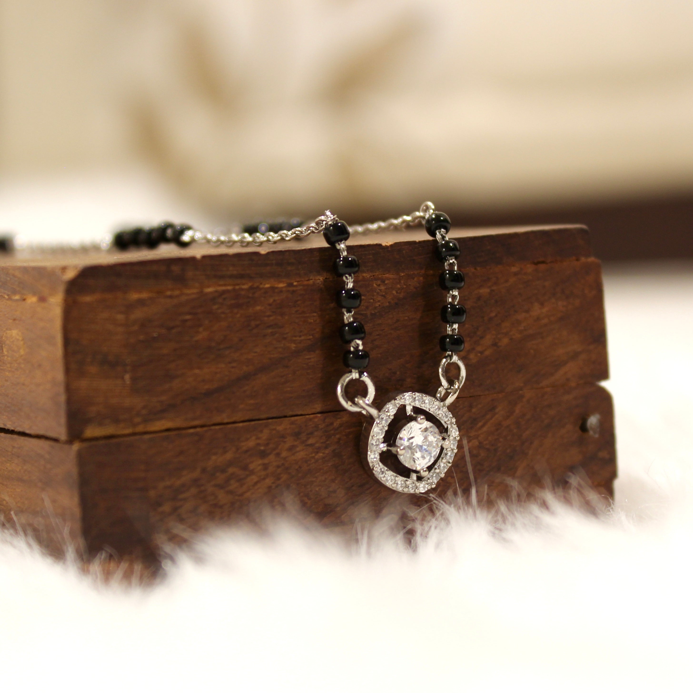 Round Bordered Solitaire Stone Mangalsutra in 925 Silver