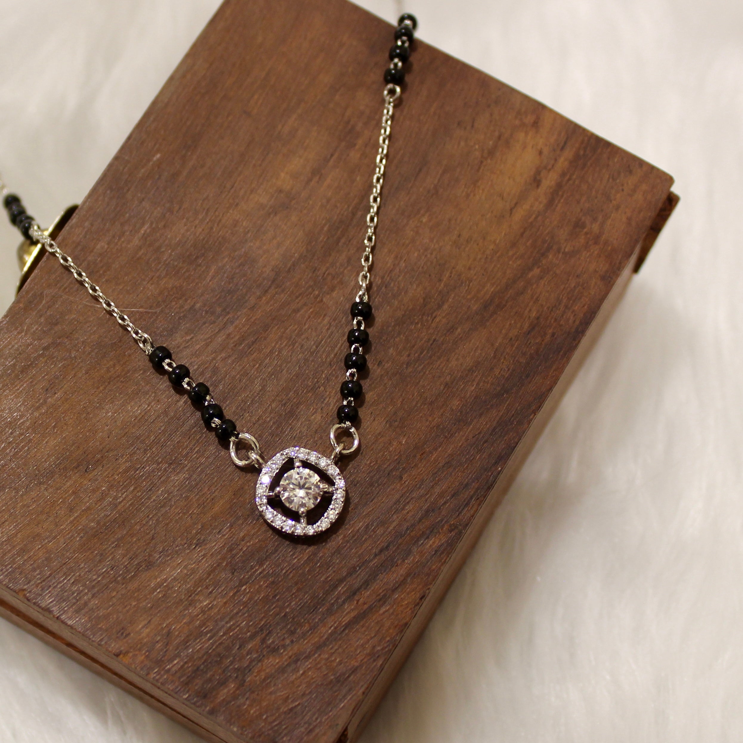 Round Bordered Solitaire Stone Mangalsutra in 925 Silver