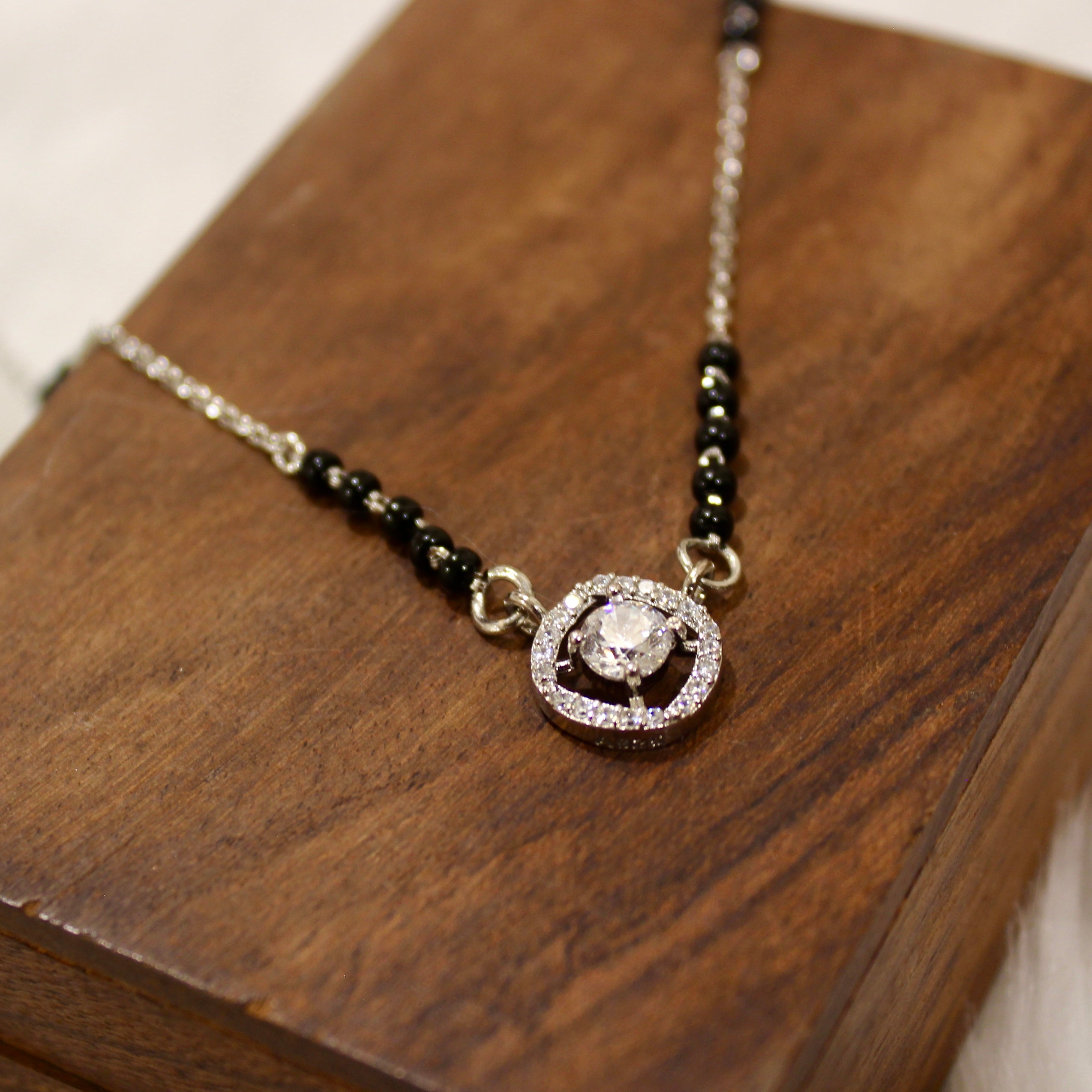 Round Bordered Solitaire Stone Mangalsutra in 925 Silver