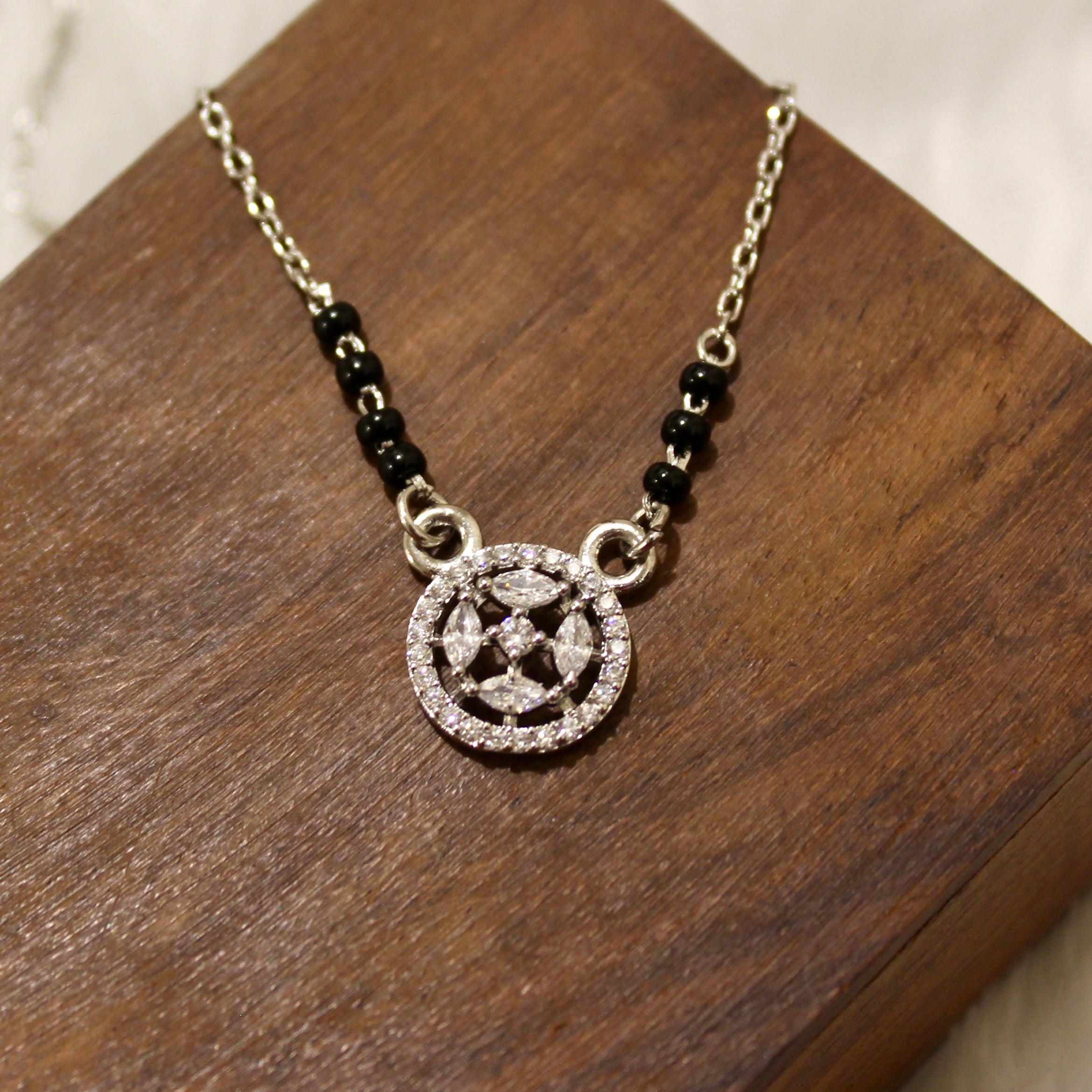 Round Bordered Star Zircon Stones Mangalsutra in 925 Silver