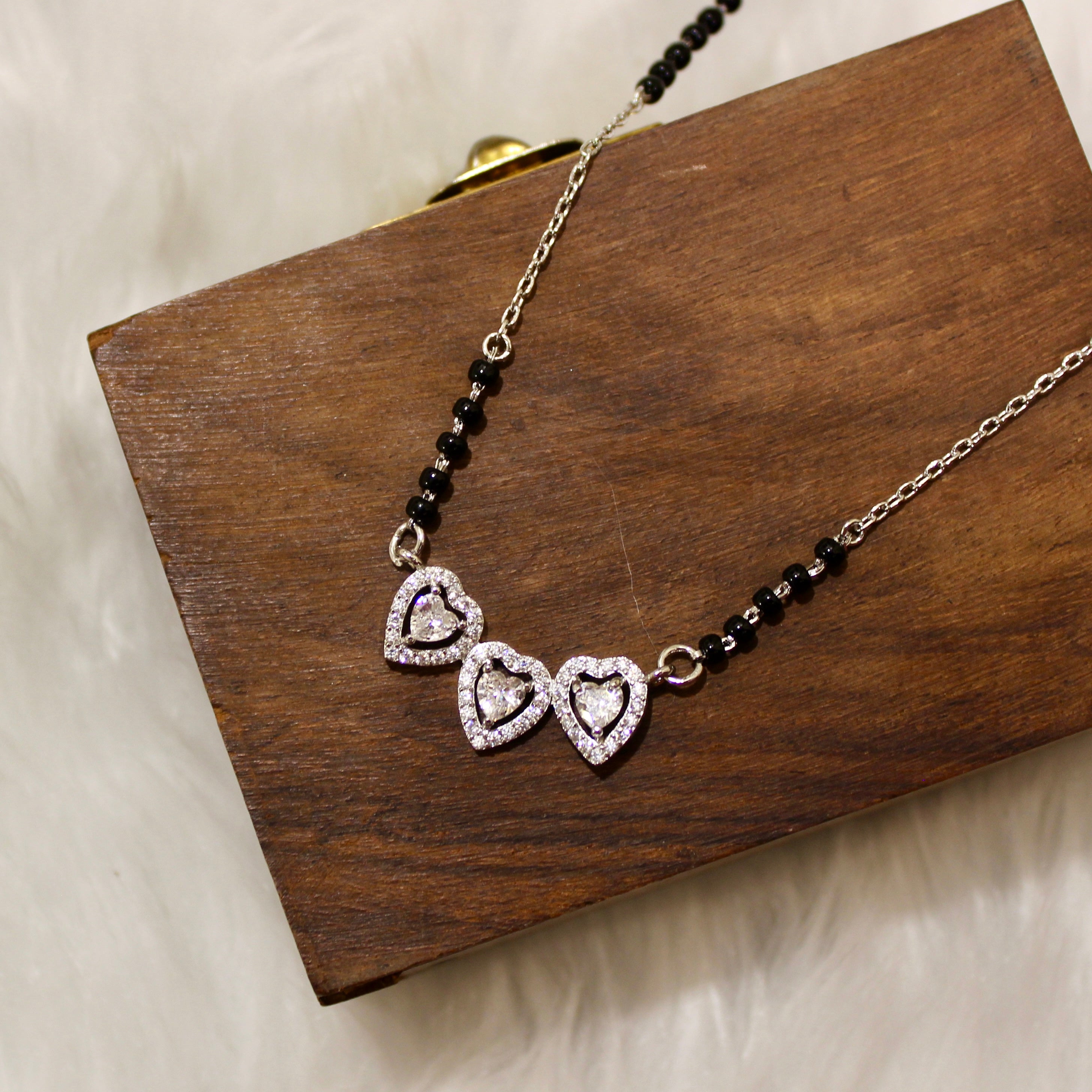 3 Hearts Solitaire Zircon Stones Mangalsutra in 925 Silver